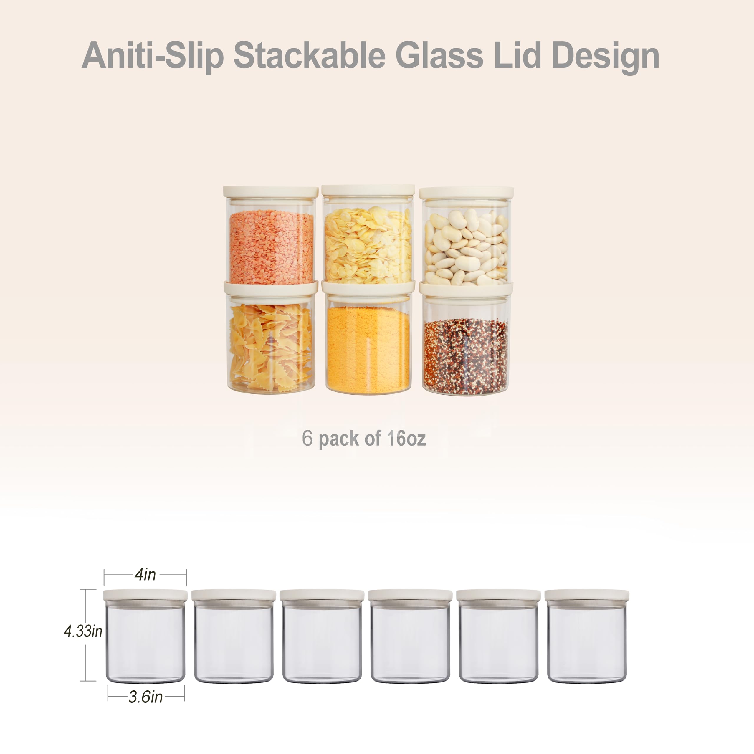 Urban Green Glass Food Storage Jar with Glass Lid, Food Canister Set with Airtight Lids, Pantry Storage Jar for Kitchen Organization. Food Storage Containers in Pack of 6, 16oz.
