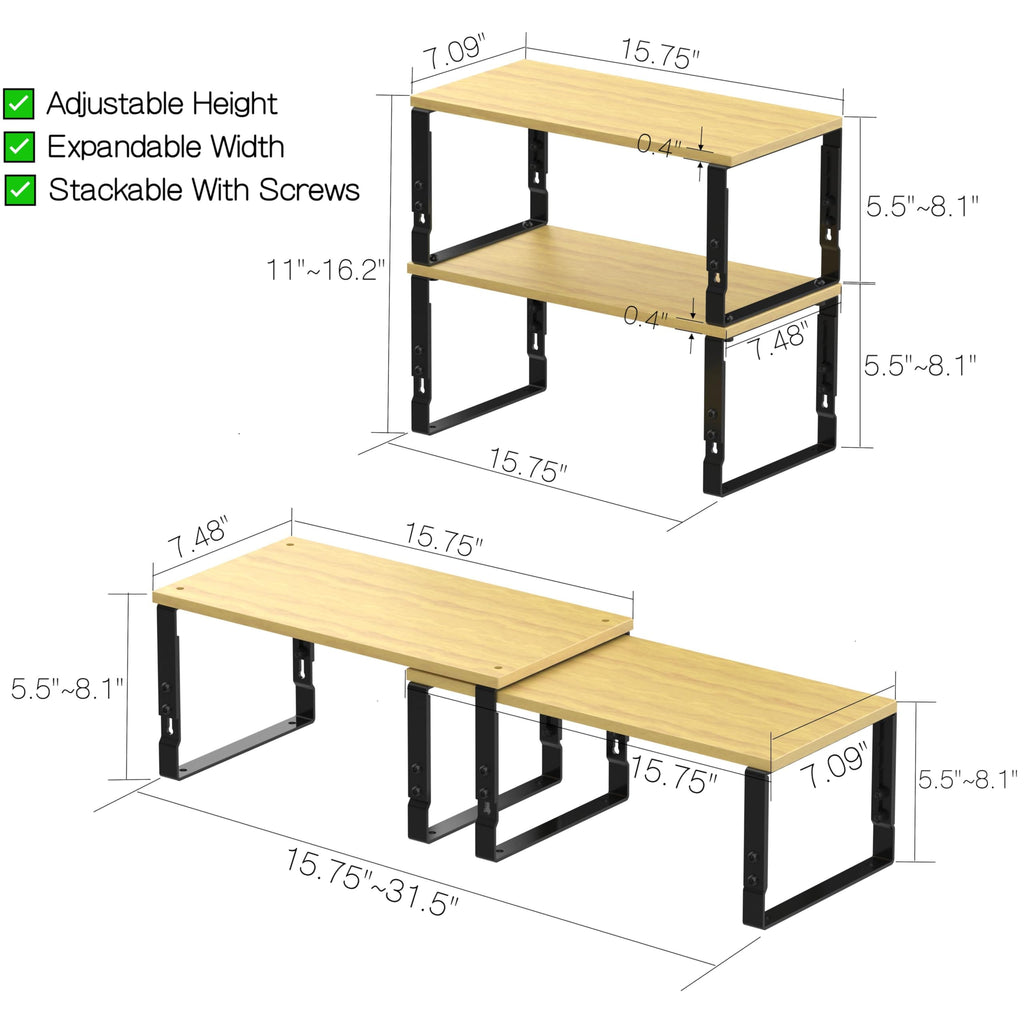 Adjustable Storage Shelves for Kitchen Cabinet Organization - Set of 2 Stackable Metal & Solid Wood Racks, Space-Saving Design for Countertop/Pantry/Garage, Easy Assembly(1 Pack/Large/Black)