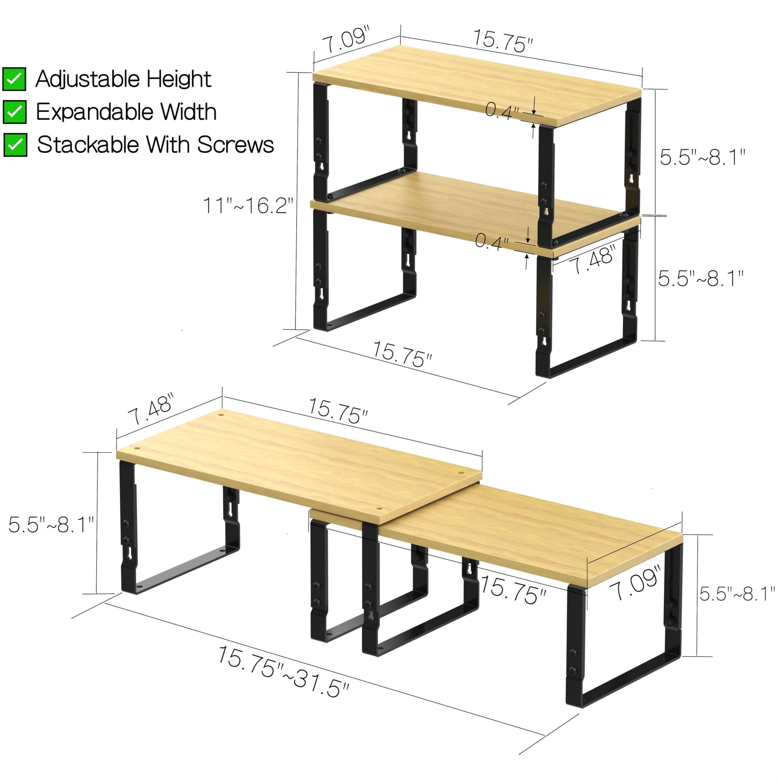 Adjustable Storage Shelves for Kitchen Cabinet Organization - Set of 2 Stackable Metal & Solid Wood Racks, Space-Saving Design for Countertop/Pantry/Garage, Easy Assembly(1 Pack/Large/Black)