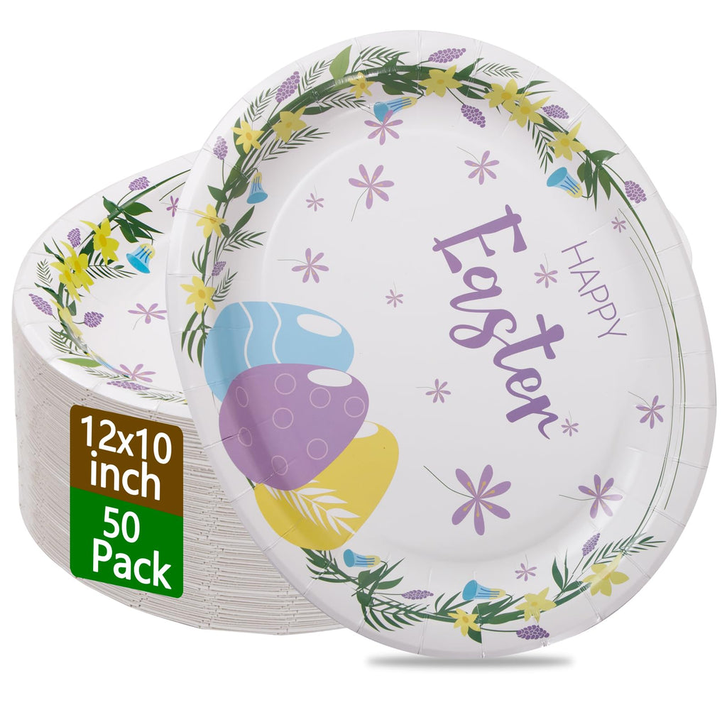 WDF 50Pack Easter Paper Plates - Oval Paper Plates 10" x 12" for Party Supplies Easter Eggs Large Disposable Platter for Easter Serving Tray