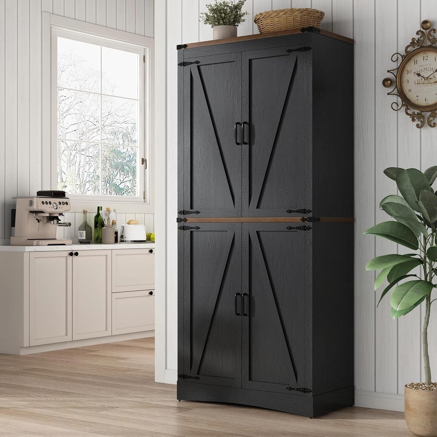 71in Farmhouse Kitchen Pantry Cabinet,Tall Storage Cabinet with 4 Doors and Adjustable shelves,with Load-Bearing Steel Pipe,Wood Storage Cabinets for Kitchen,Dining Room,Bathroom(Black)