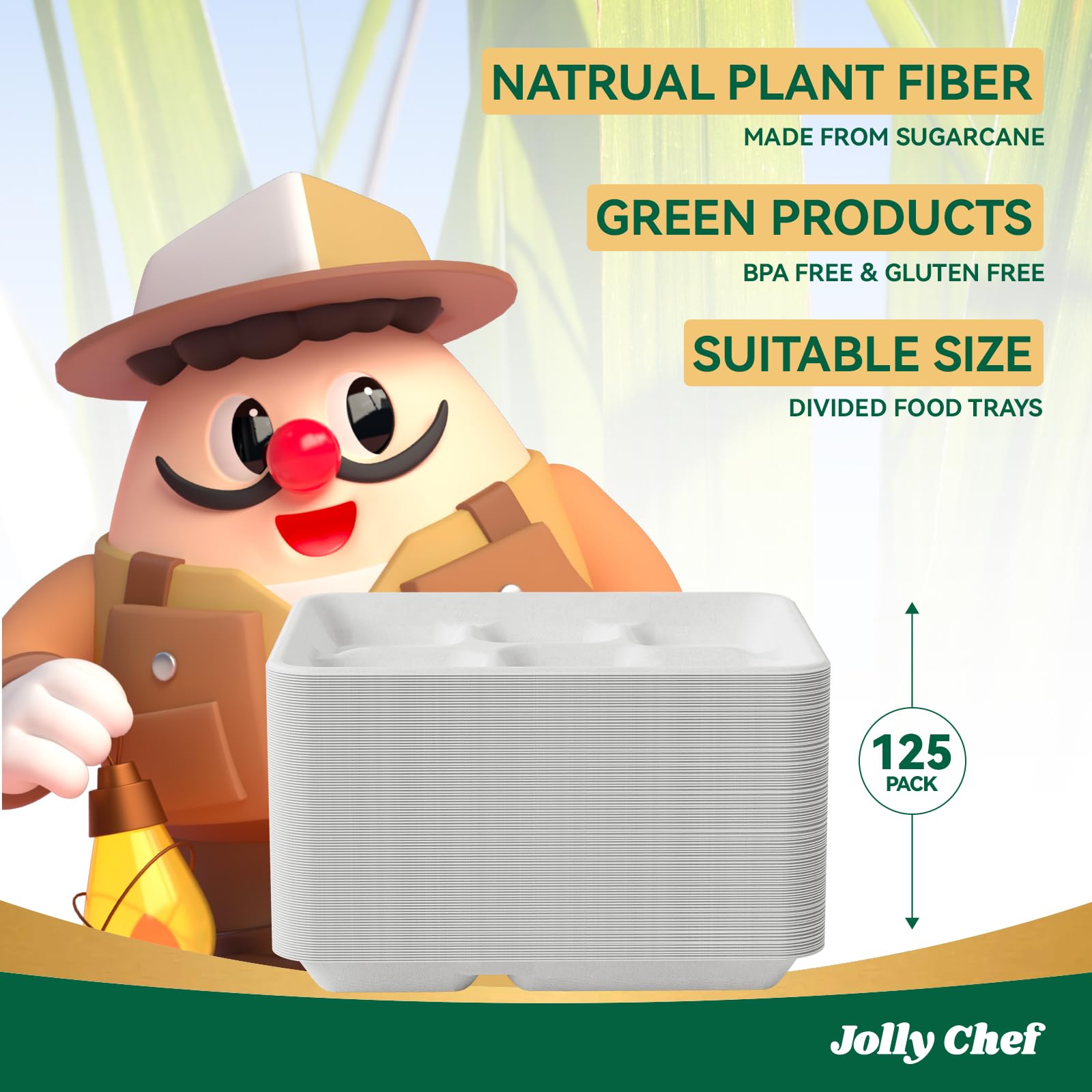 JOLLY CHEF Heavy Duty Compostable 3 Compartment Paper Plate 9 Inch 150 Pack