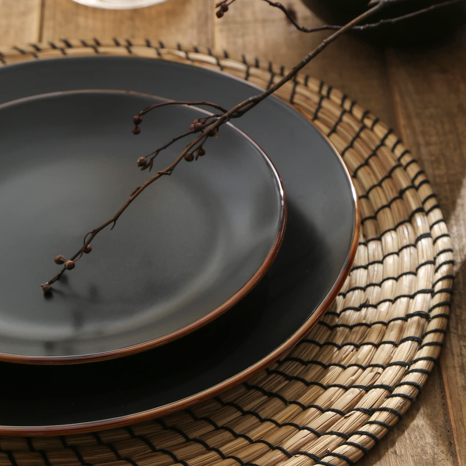 Stone Lain Brasa Stoneware 16 Piece Modern Dinnerware Set, Plates and Bowls, Service for 4, Black, Microwave & Dishwasher Safe