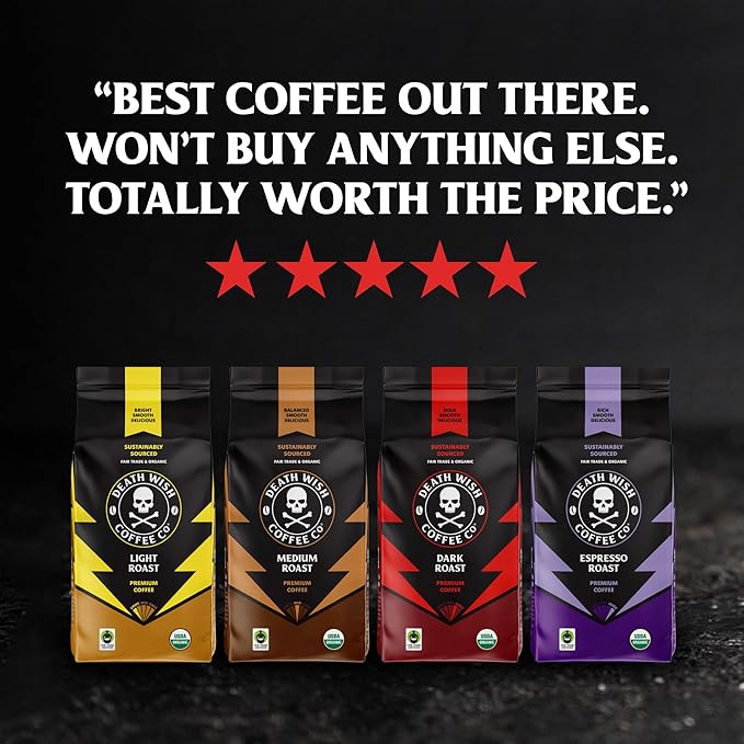 Death Wish Coffee Dark Roast Grounds - Bold Intense Blend of Arabica & Robusta Beans - USDA Organic Ground Coffee - 80 oz.