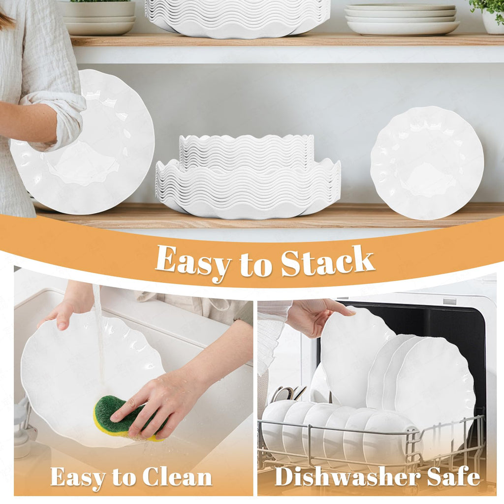 LIYH 50 Pcs White Scalloped Plastic Plates Reusable - Unbreakable Plastic Plates for Weddings Party Outdoor Picnics Dishwasher Safe BPA Free(25Guests)
