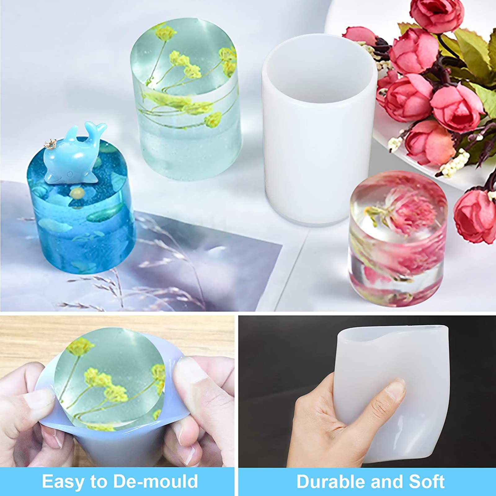 4 Pack Long Pillar Mold - Multiple Style Cylinder - Candle Silicone Wave Spiral Candle Mold - Silicone Resin Casting Molds for Candle & Resin & Soap Craft Supplies