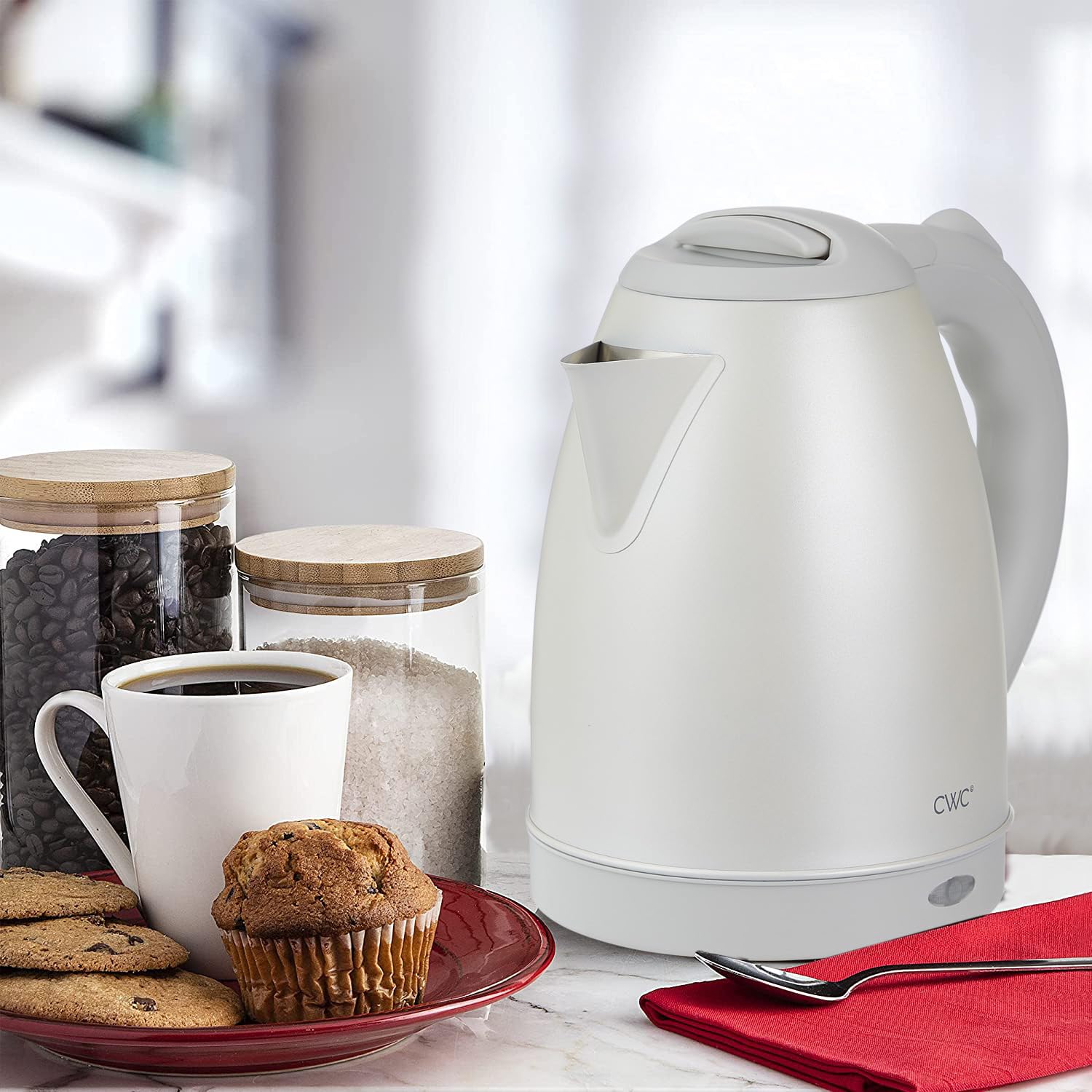 COOK WITH COLOR Electric Kettle - Rapid Boil, Sleek Design, and Safety Features - Great for Quick and Easy, Stainless Steel Crème, 1.7 Liters