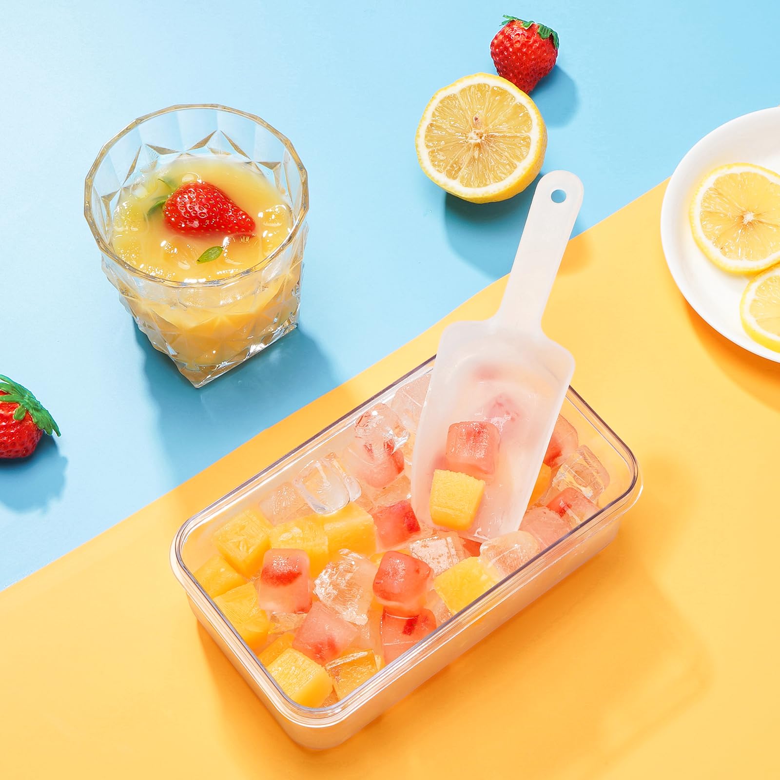 PHINOX Ice Cube Tray with Lid and Bin, Easy Release 28 Cubes for Freezer