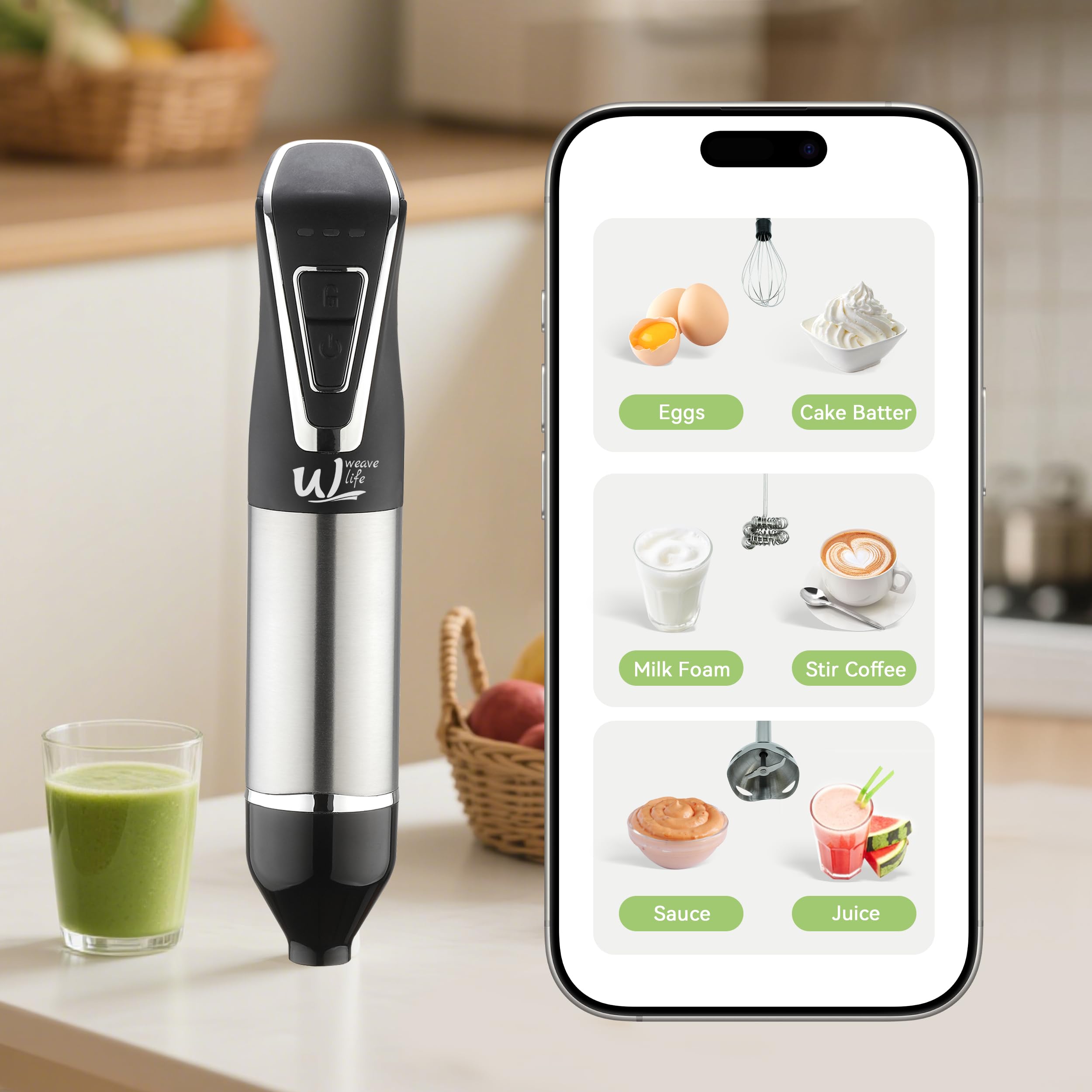 Weavelife 3-in-1 Cordless Hand Blender Set - One-Touch Control & Safety Lock, Immersion Blender with Whisk and Frother for Lattes, Desserts, Soups, Dishwasher-Safe