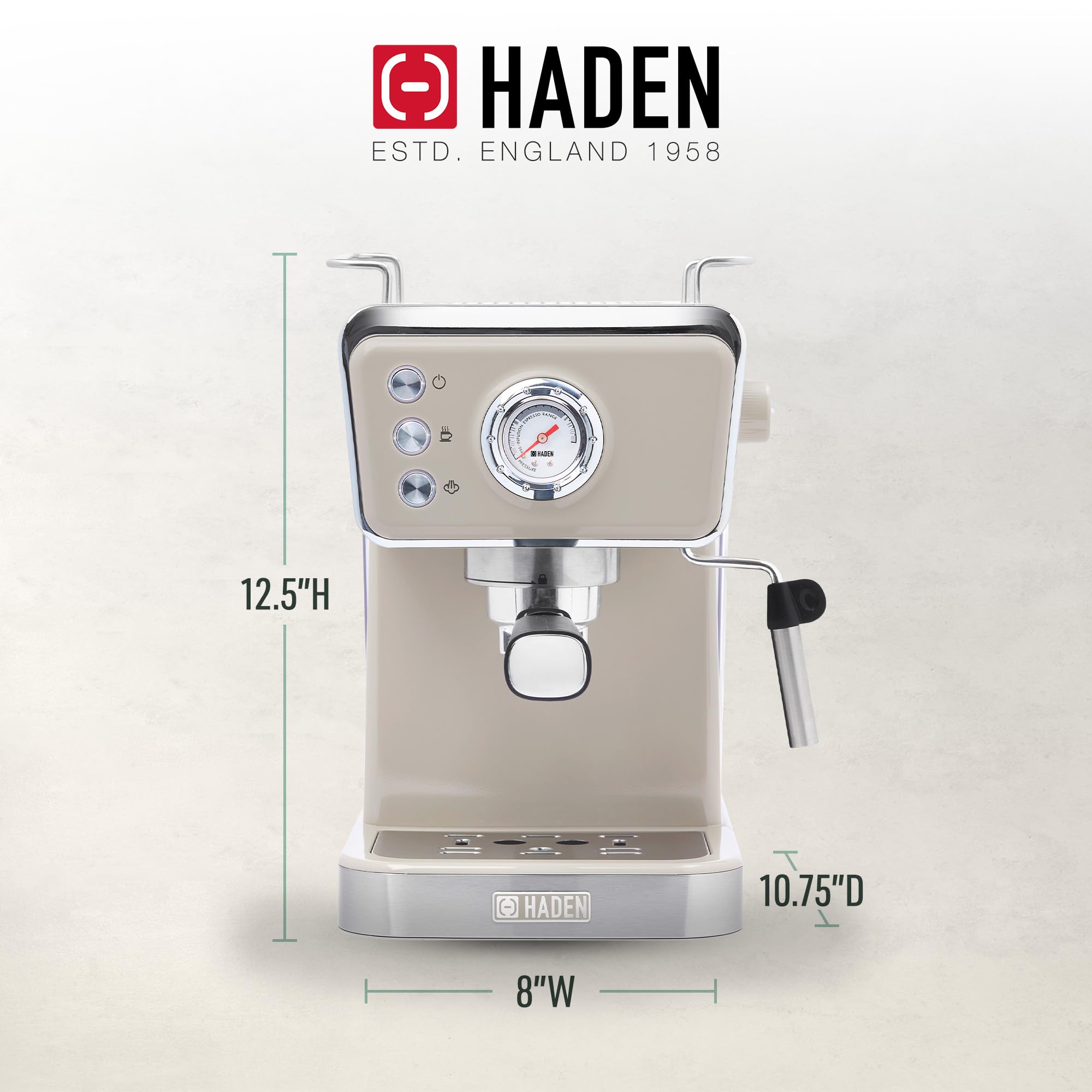 HADEN Barista Brew Espresso Coffee Machine, Stainless Steel Espresso Maker with Milk Frother and Steamer Function and 1.5L Water Tank, Putty & Copper
