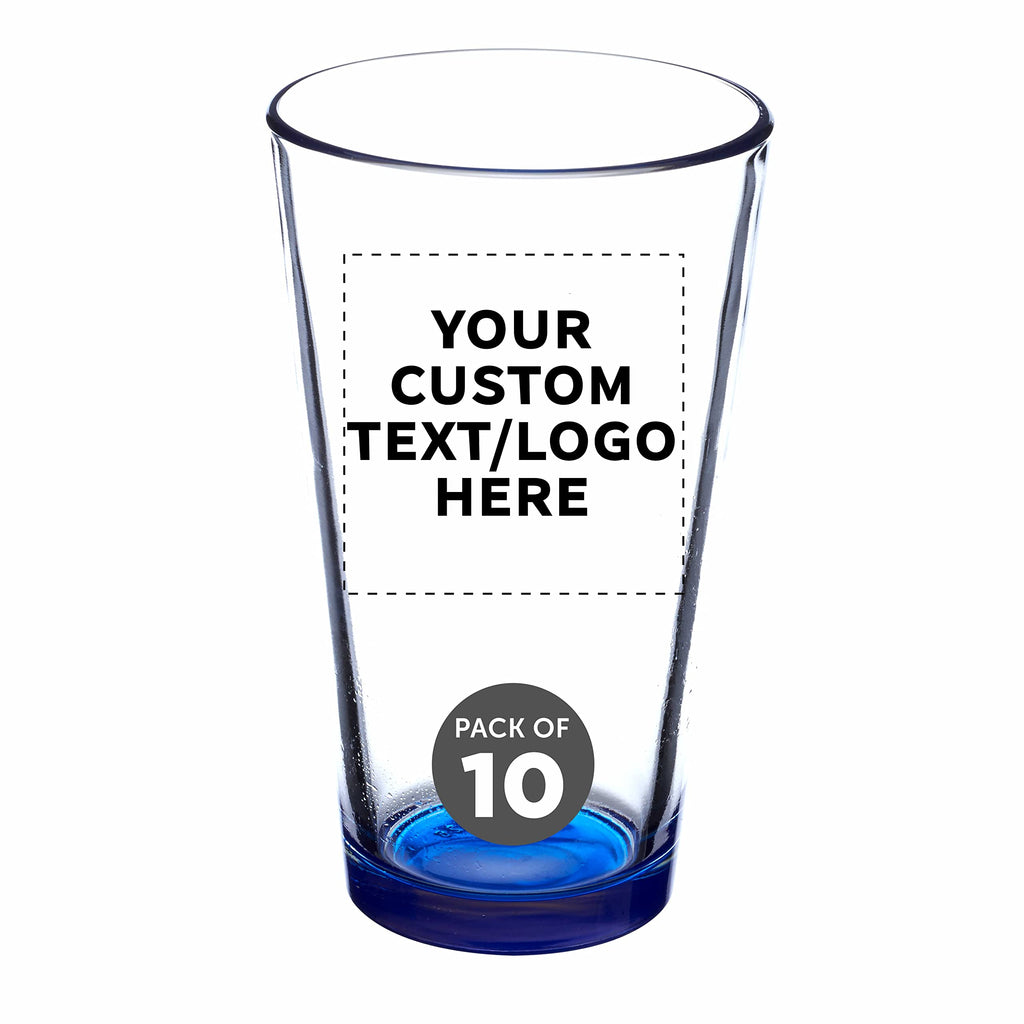 Custom Pint Glass 16 oz. Set of 10, Personalized Bulk Pack - Beer Glasses, Heavy Duty Drinkware - Blue