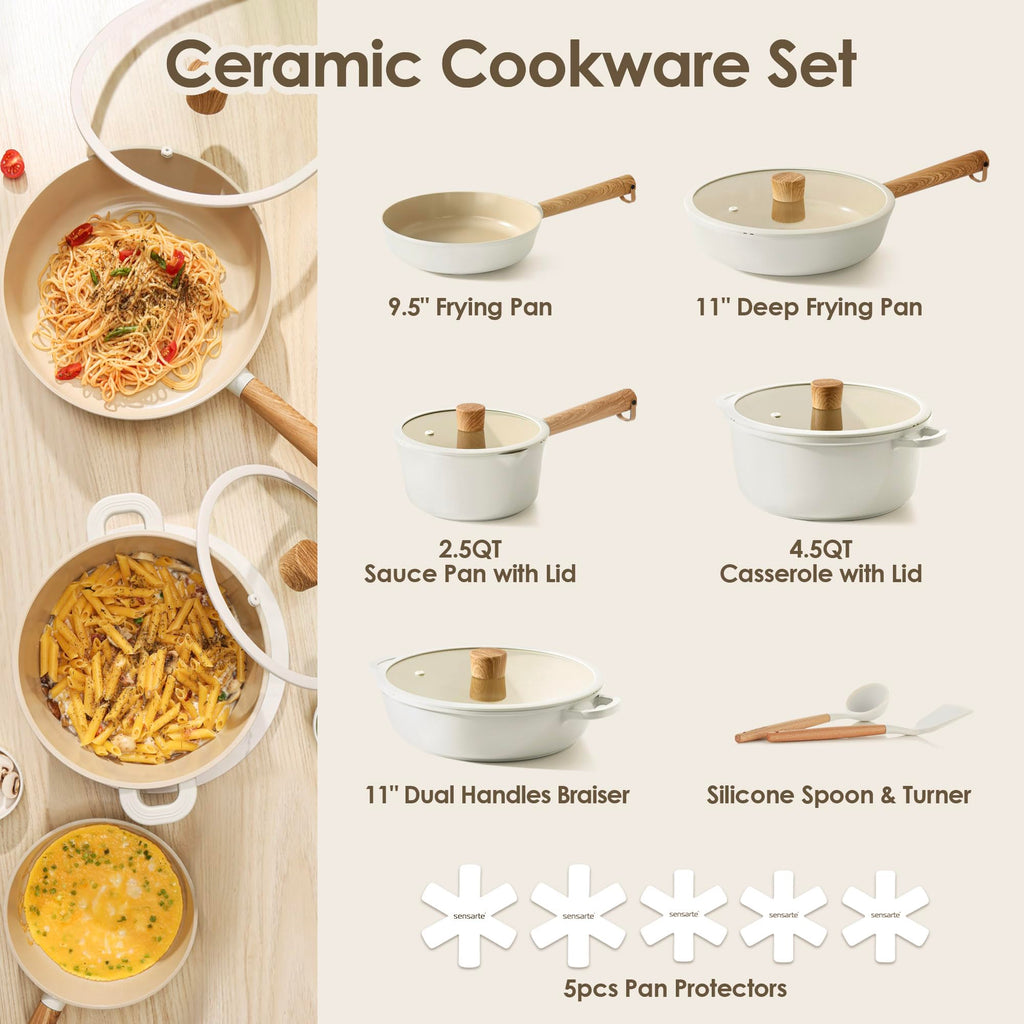 SENSARTE 17Pcs Ceramic Nonstick Cookware Set Non-toxic Healthy Pots and Pans Set Ceramic Kitchen Cooking Frying Pans with Stay-cool Handle, PFAS/PTFE/PFOA Free, Dishwasher Safe, Induction Compatible