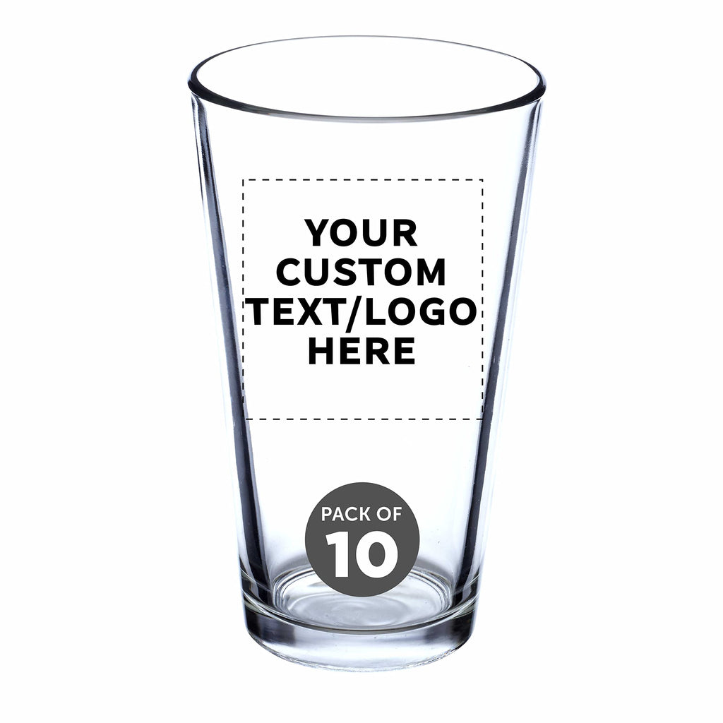 Custom Pint Glass 16 oz. Set of 10, Personalized Bulk Pack - Beer Glasses, Heavy Duty Drinkware - Clear