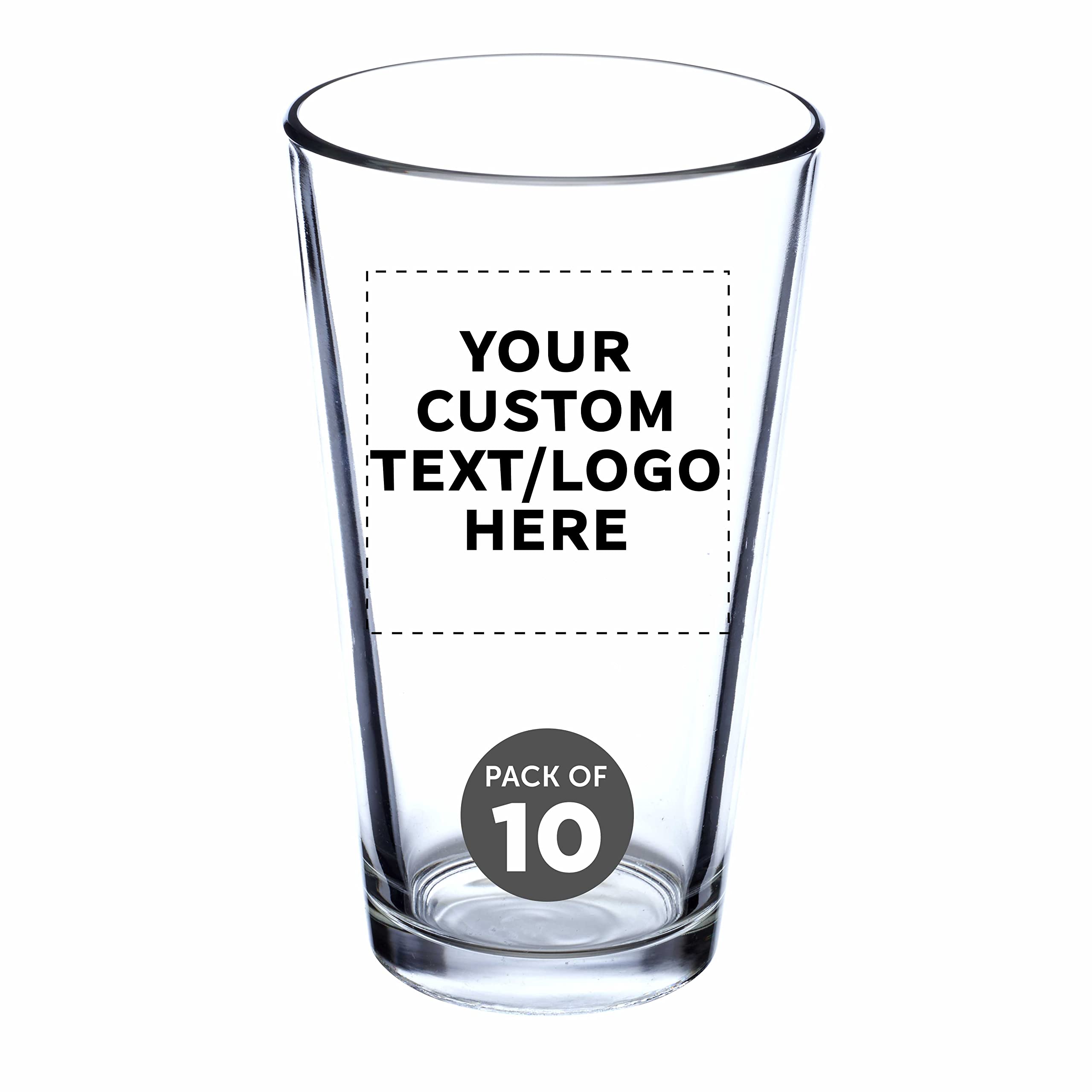 Custom Pint Glass 16 oz. Set of 10, Personalized Bulk Pack - Beer Glasses, Heavy Duty Drinkware - Clear