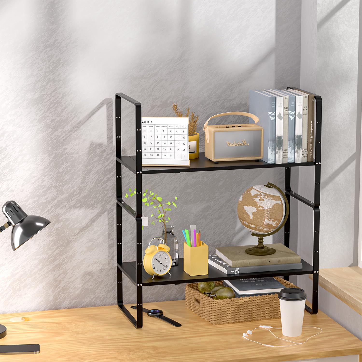 iPEGTOP Expandable Cabinet Storage Shelf Organizer, Heavy Duty Steel Metal Spice Rack Adjustable Height Home Office Garage Pantry Shelf Space Riser for Counter Kitchen Organization, Black, 1 Pack