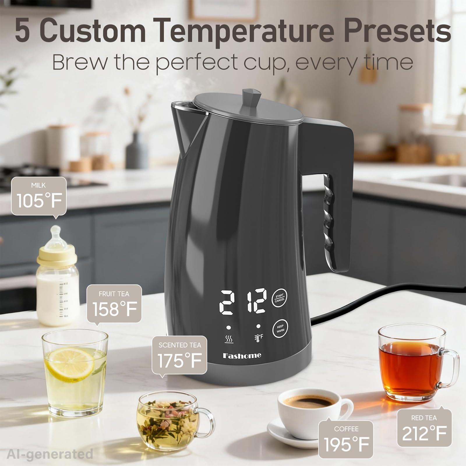 Temperature Control Electric Kettle, Black, 1.25L