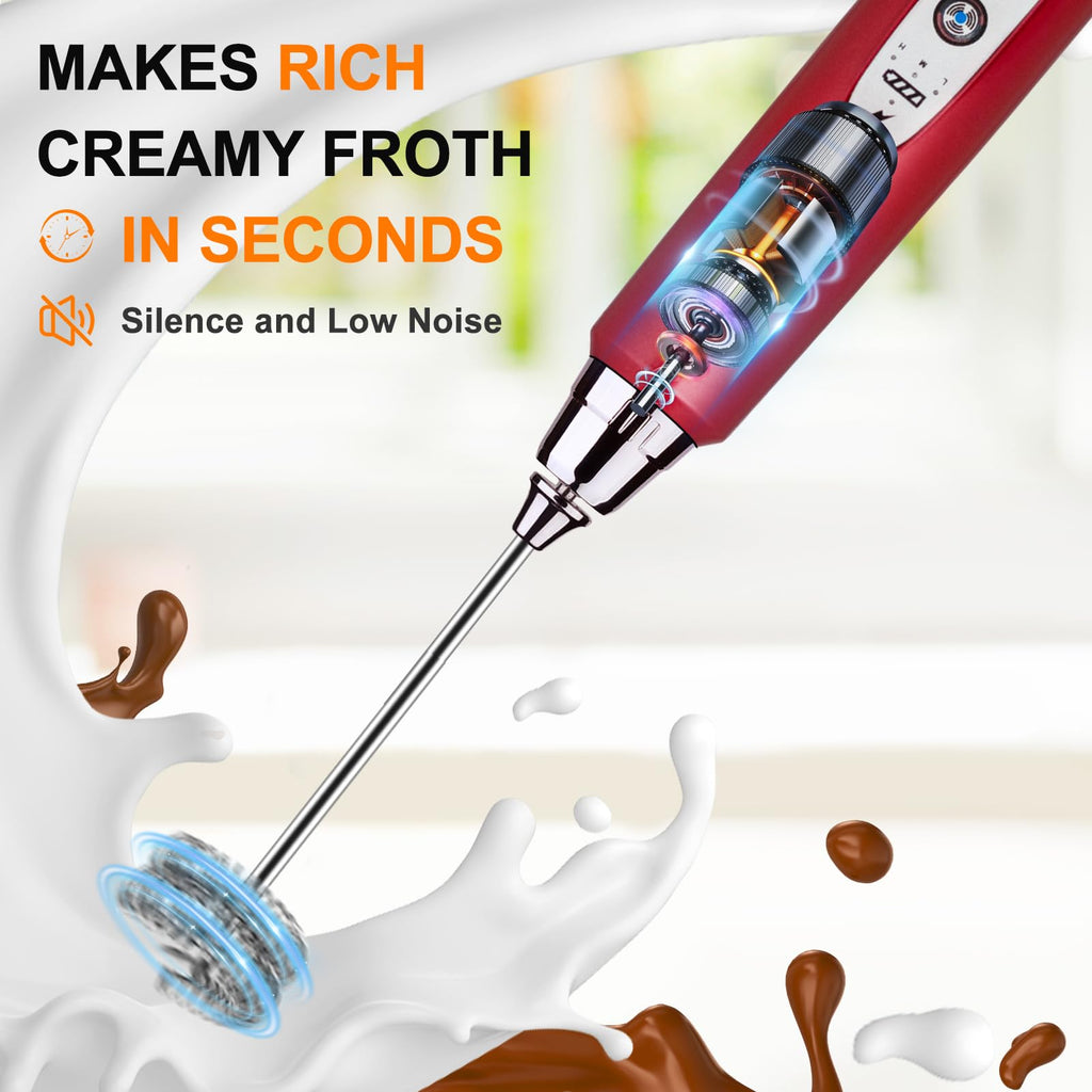 YUSWKO Handheld Milk Frother Wand for Coffee, Rechargeable Electric Whisk with 3 Heads 3 Speeds Drink Mixer Coffee Frother For Latte, Cappuccino, Hot Chocolate, Egg, Red