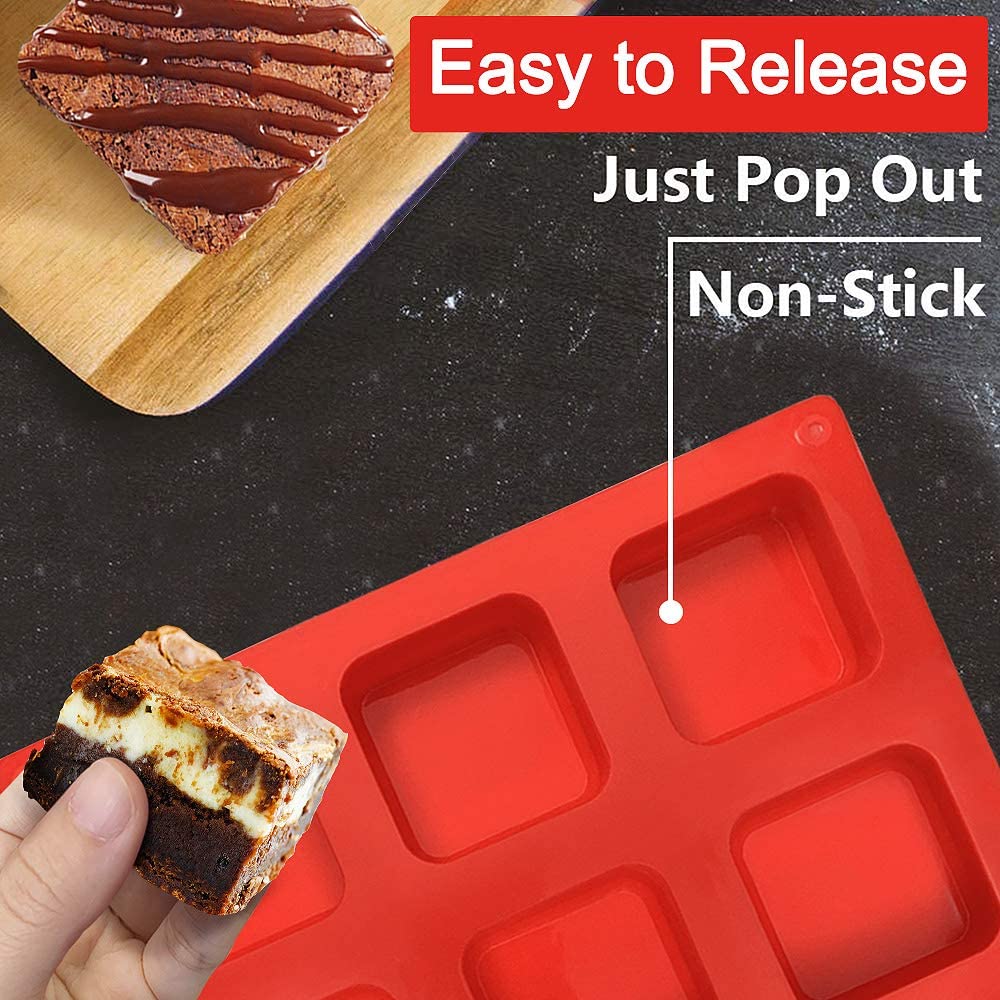 Walfos Silicone Brownie Pan 9-Cavity Non-stick Square Baking Pan, Perfect for Brownies, Cornbread, Muffin and Cakes, BPA Free and Dishwasher Safe, Set of 2