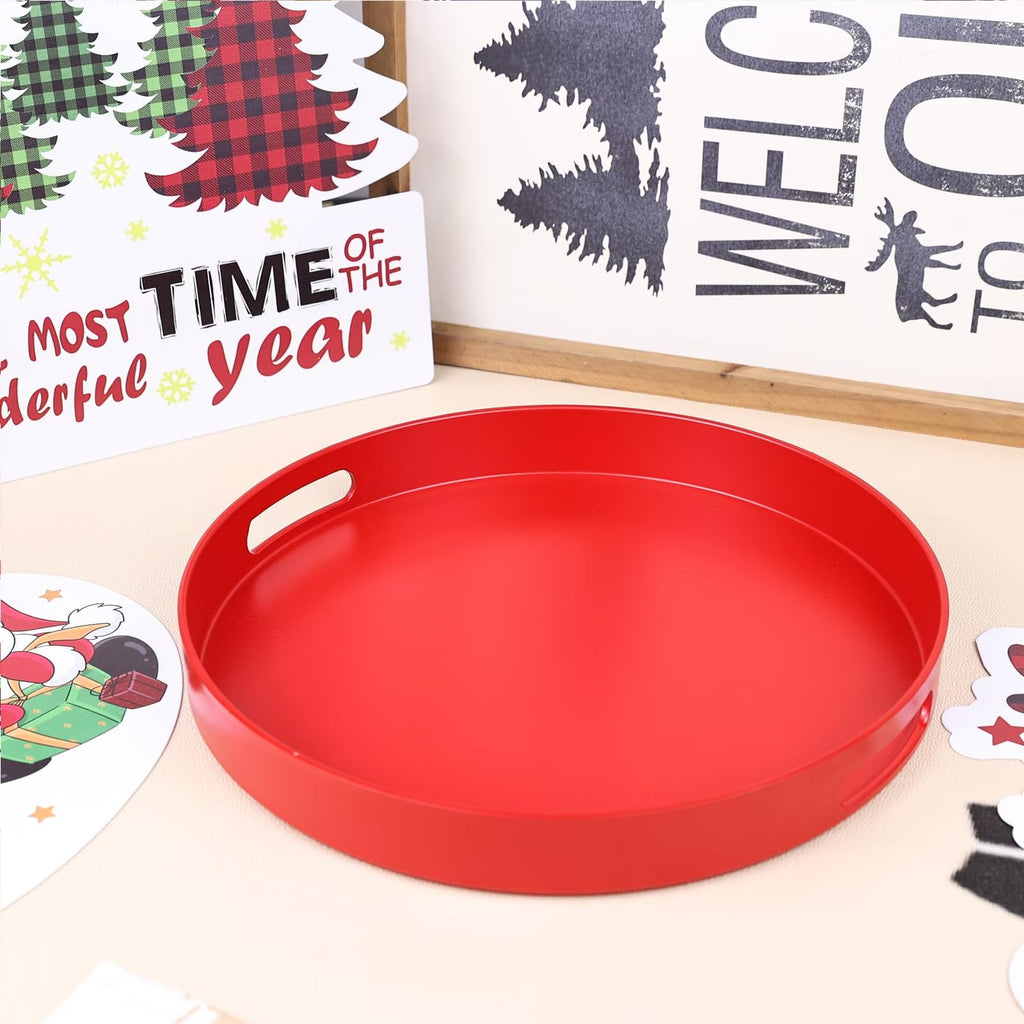 SforGUVA Round Red Decorative Serving Tray with Handles, 13” Versatile Ottoman Tray for Coffee Table, Entertaining, Outdoor Patio, Living Room