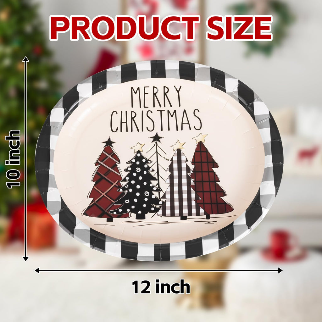WDF 50Pack Christmas Paper Plates - 10"x12" Christmas Tree Plates Christmas Oval Paper Checkered Plates - Dinner Size Large Disposable Platter Heavy Duty for Happy Christmas Serving