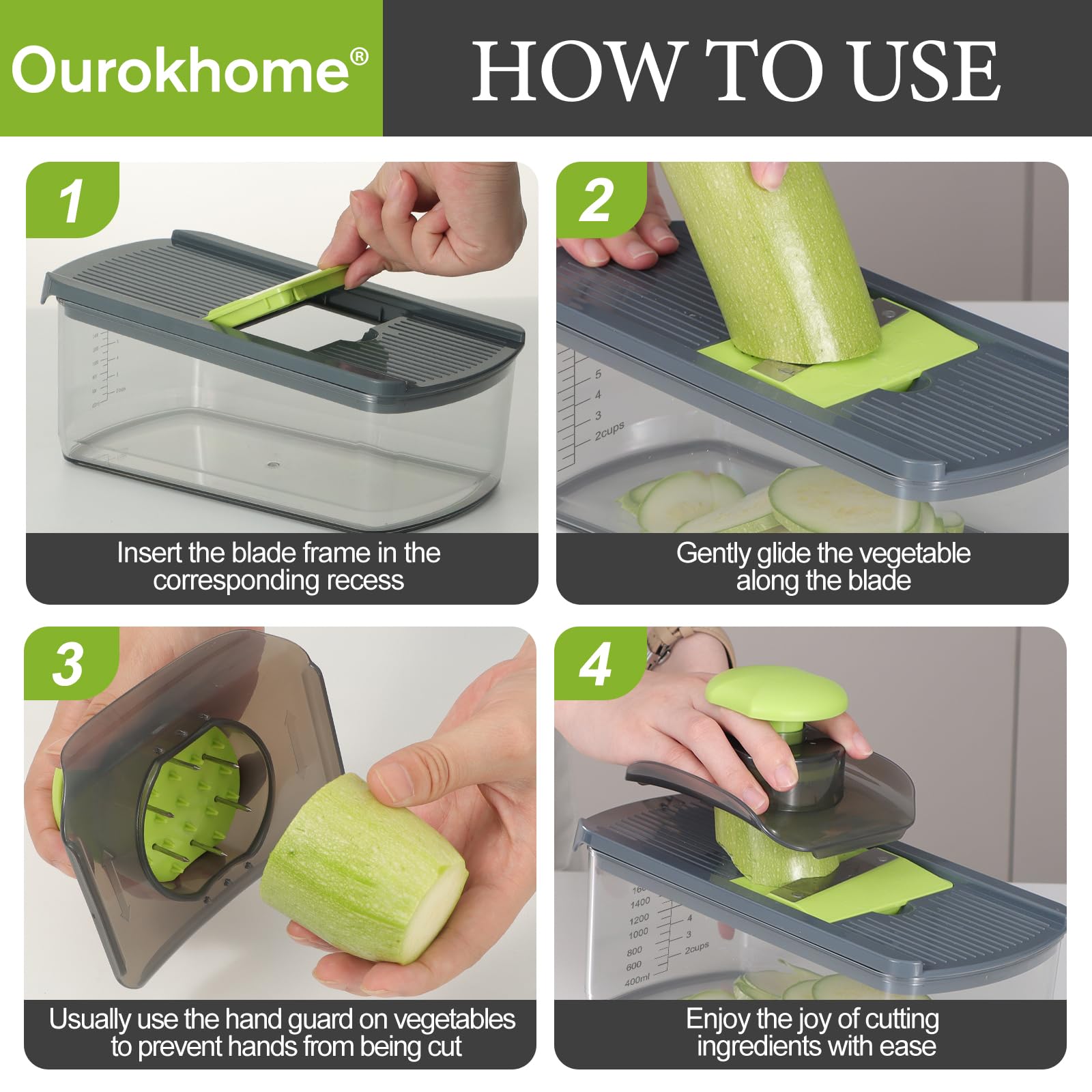Ourokhome Mandolin Slicer for Kitchen Food, Hand Safe Vegetable Shredder with 6 Mandoline Blades, Veggie Waffle Cutter for Potato, Carrot, Zucchini, Onion, Essential Kitchen Gadgets (6 in 1, Gray)