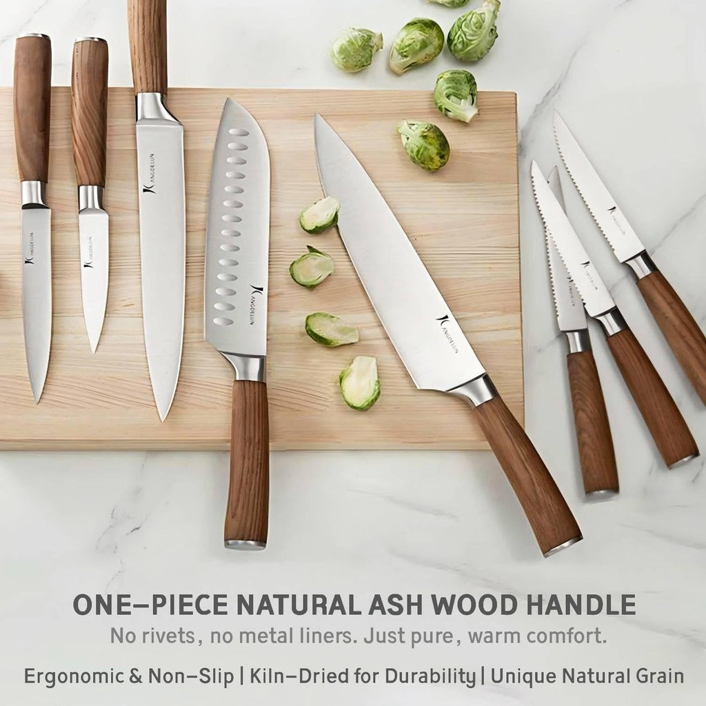 Kangdelun Ultra Sharp 15-Piece Knife Set, 50Cr15MoV High-Carbon Stainless Steel, Torrefied Brown Ash Wood Handles, Angled Dark Brown Wood Block, Easy Hand Wash, Gift Box