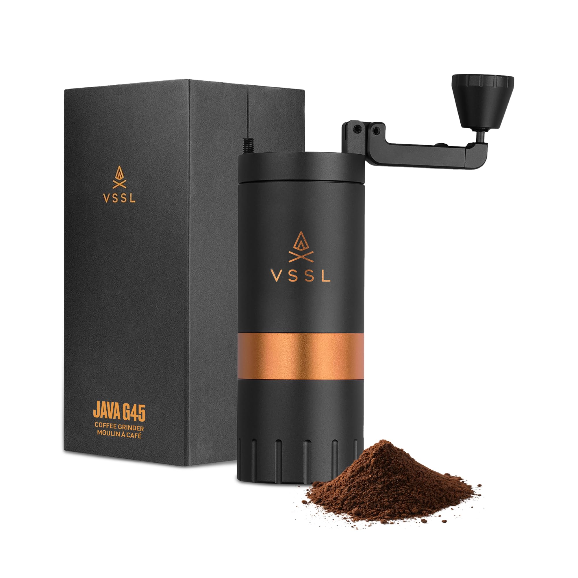 【VSSL Java G45】Premium Manual Coffee Grinder | Portable Coffee Grinder for Camping or Hiking | Straight Handle French Press, Drip, Espresso with Stainless Steel Conical Burr Mill | 45 gram capacity