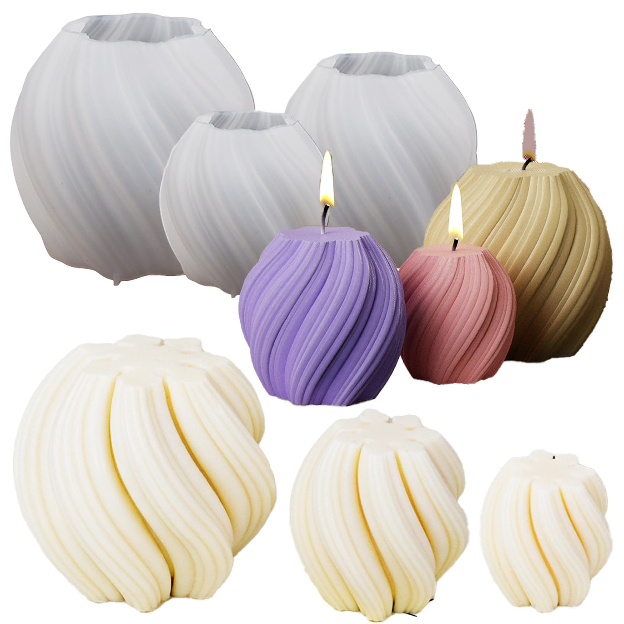 3 Pack Wave Candle Molds - Multiple Size Ball, Spiral & Resin Casting Molds for Soap Making & Home Decor