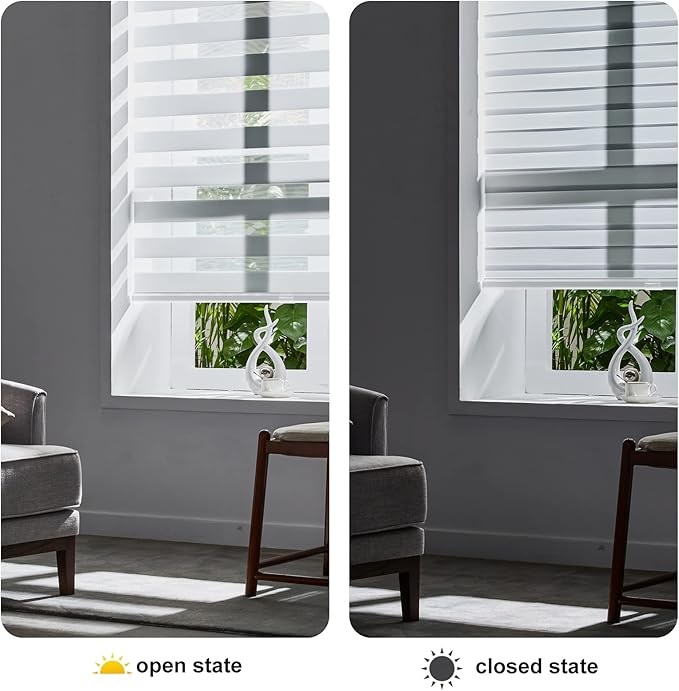 Persilux Cordless Zebra Blinds for Windows Shades (19" W x 47" H, White) Dual Layer Fabric Light Control for Day and Night Room Darkening Sheer Roller Shades for Home, Bedroom and Office
