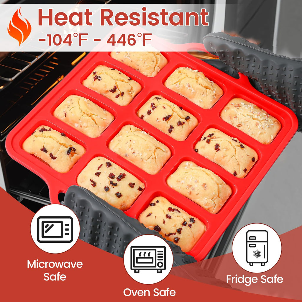 Silicone Mini Loaf Pan, 12 Cavities Metal Reinforced Frame Nonstick Food Grade for Baking Mini Bread, Brownie, Cornbread, Cheesecake and Chocolate (2 Pack)