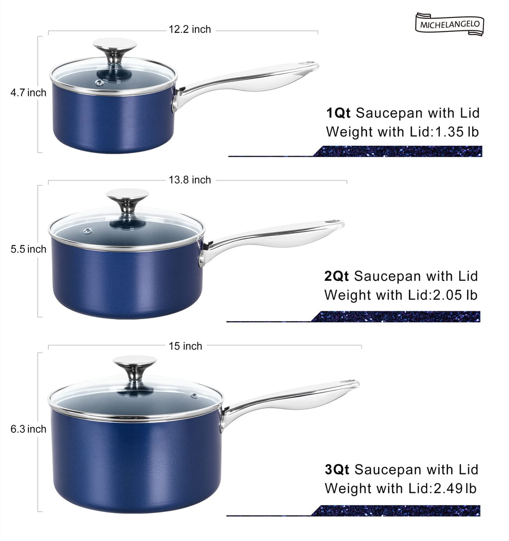MICHELANGELO Sauce Pan with Lid, Ceramic Saucepan Set, 1.5Qt & 2Qt & 3Qt Sauce Pan Sets, Nonstick Saucepans with Lids, Small Pots with Stainless Steel Handle, Oven Safe, Blue