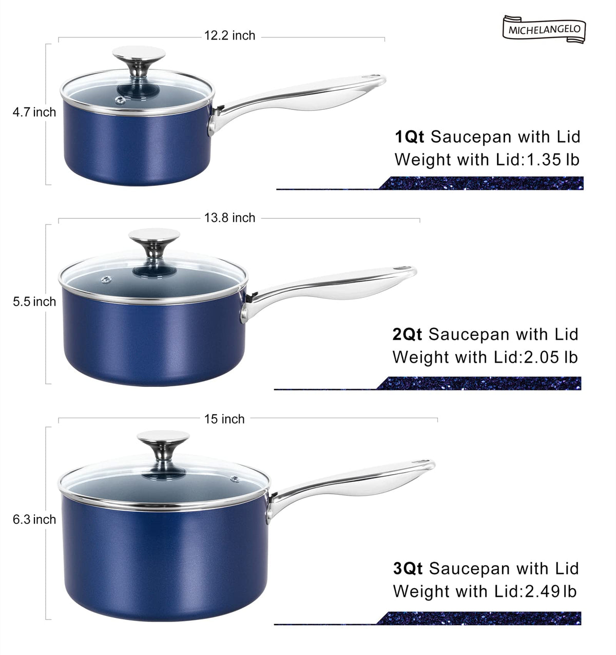 MICHELANGELO Sauce Pan with Lid, Ceramic Saucepan Set, 1.5Qt & 2Qt & 3Qt Sauce Pan Sets, Nonstick Saucepans with Lids, Small Pots with Stainless Steel Handle, Oven Safe, Blue