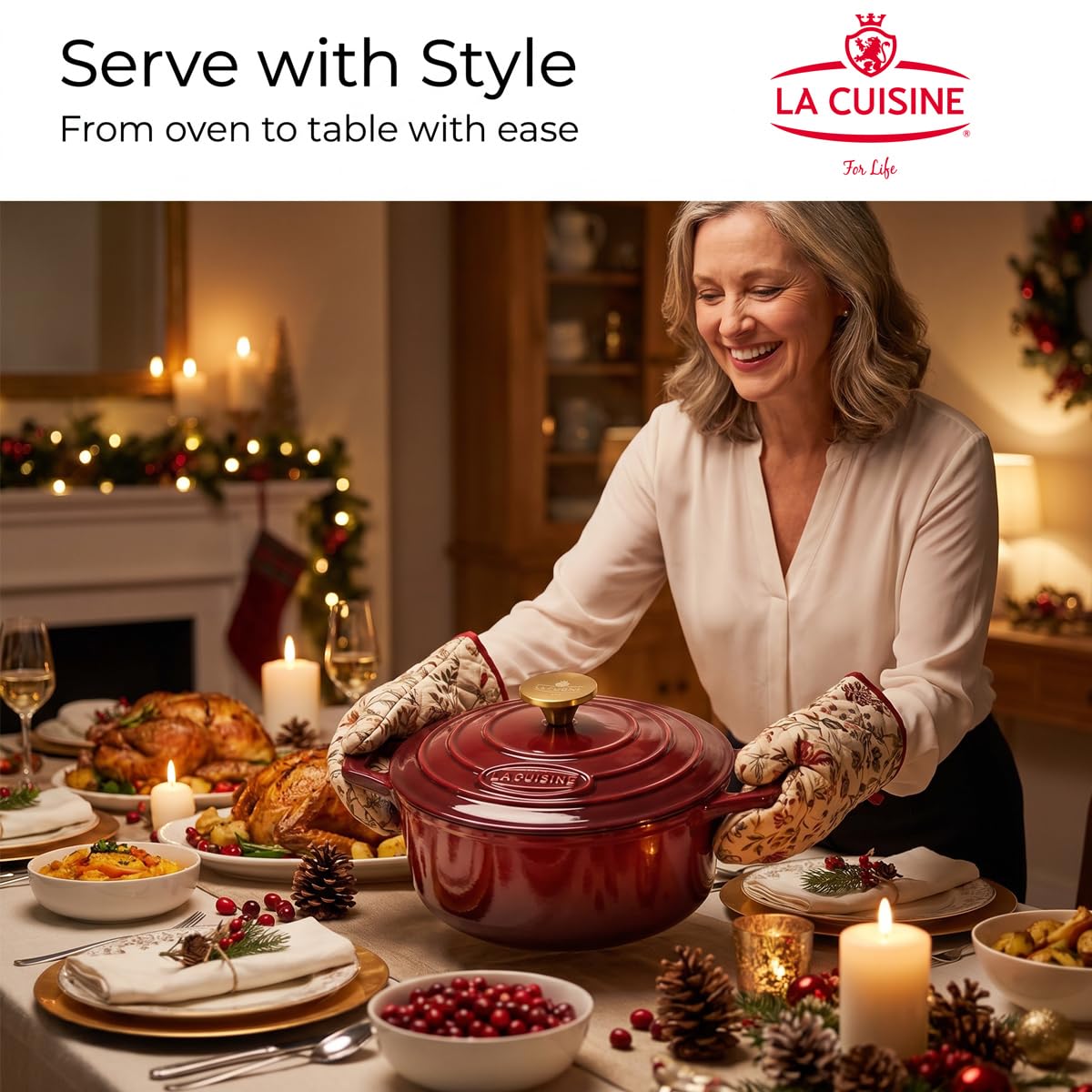 La Cuisine Enameled Cast Iron Dutch Oven Casserole Pot with Golden handle for Lid, Internal Matte Black Enamel Coating, 6.5 QT 11" / 28cm Ø, Oven-Safe 550°F/276°C, Cranberry