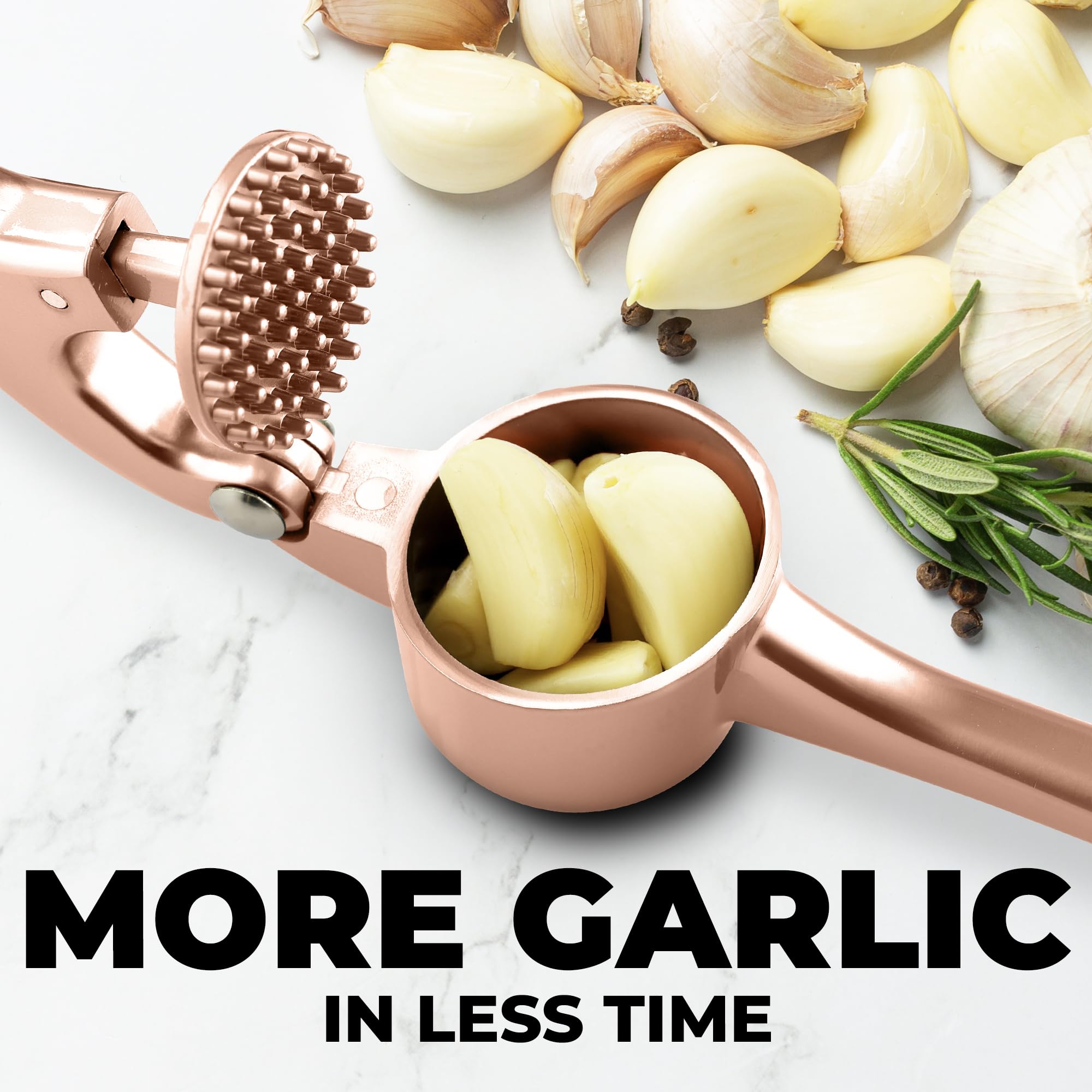 Zulay Kitchen Premium Garlic Press Set - Rust Proof Professional Garlic Mincer Tool - Easy-Squeeze, Easy-Clean with Soft Handle - Silicone Garlic Peeler & Brush (Rose Gold)