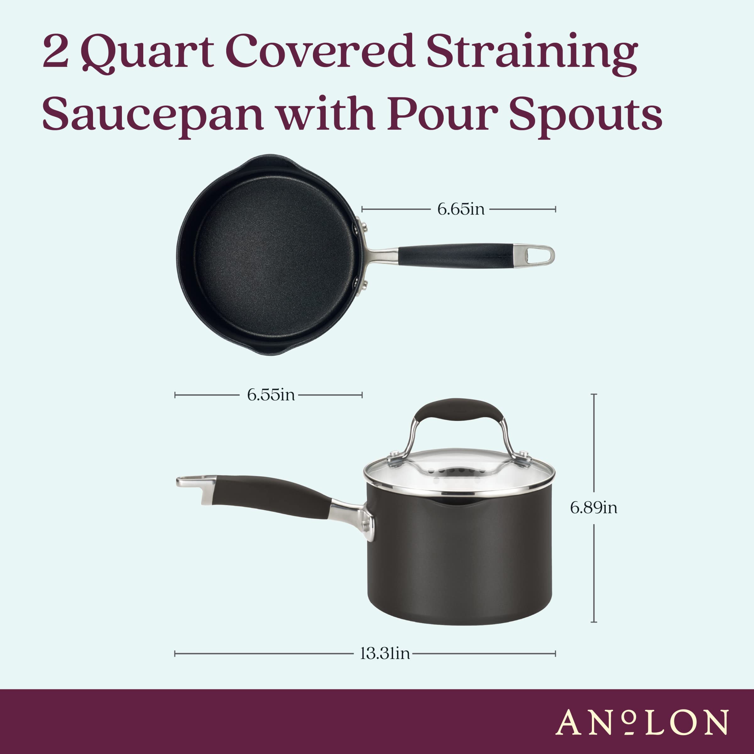 Anolon Advanced Home Hard-Anodized Nonstick Saucepan with Straining Lid, 2-Quart Small Pot, Onyx