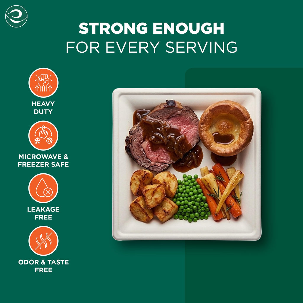 ECO SOUL 10 Inch Disposable Bagasse Paper Plates (200 Pack, Square)