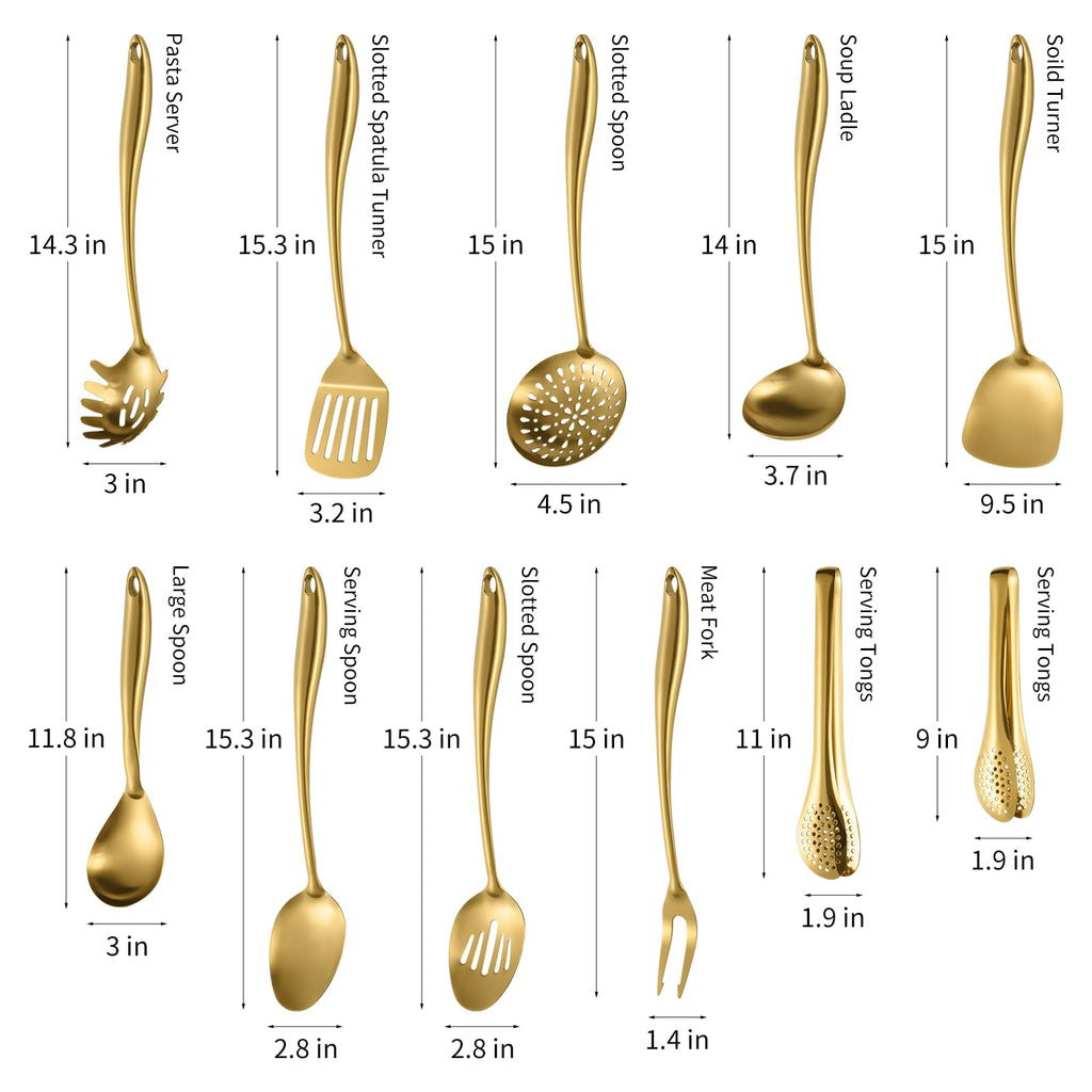 304 Stainless Steel Matte Kitchen Utensils Set, 11 Pcs Long Metal Cooking Utensils Set, Gold Cooking Utensils Set, Dishwasher Safe