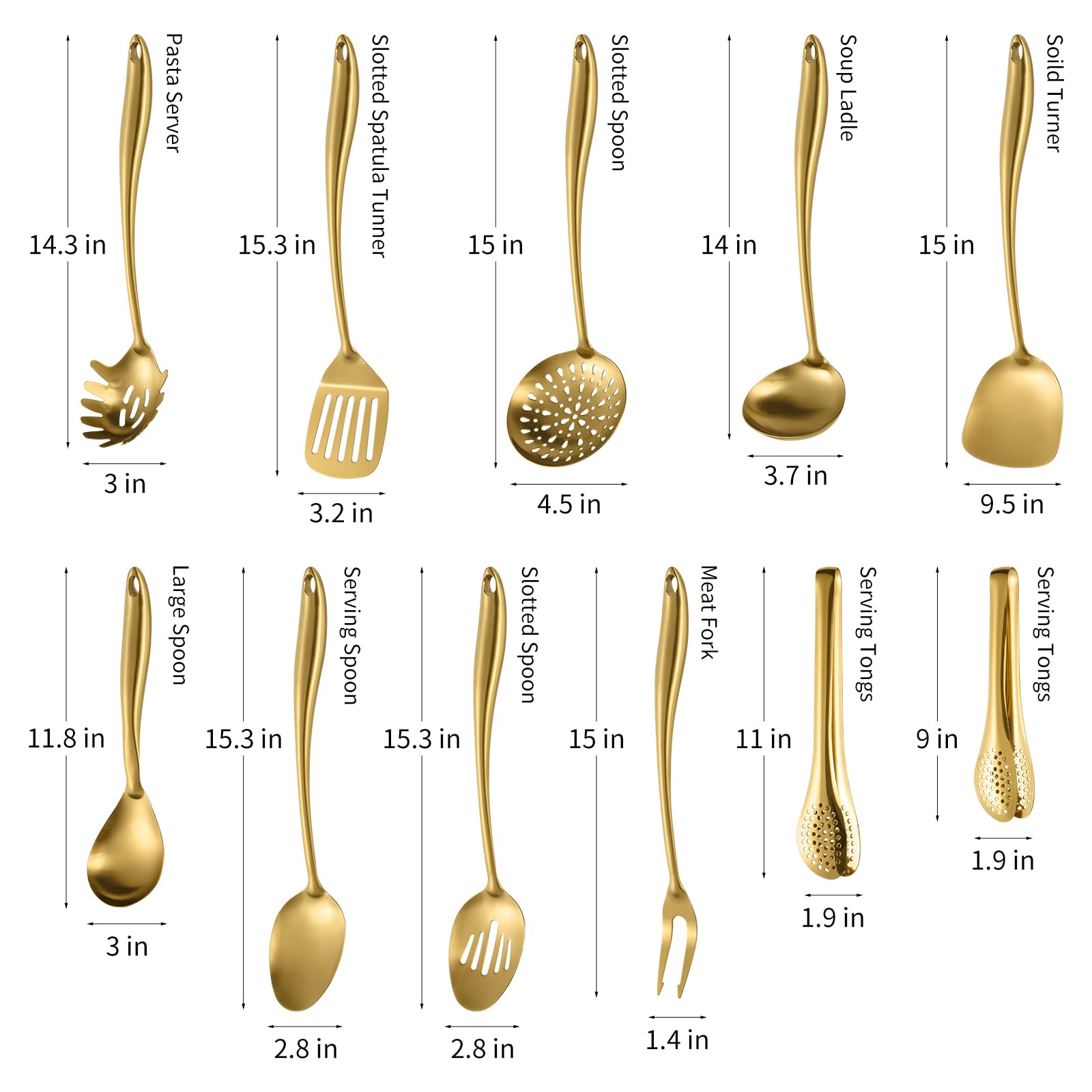 304 Stainless Steel Matte Kitchen Utensils Set, 11 Pcs Long Metal Cooking Utensils Set, Gold Cooking Utensils Set, Dishwasher Safe