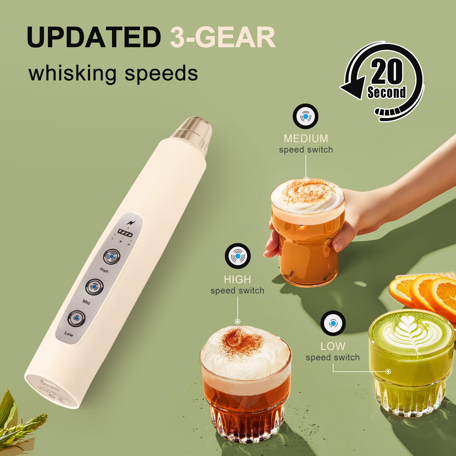 YUSWKO Handheld Milk Frother Wand for Coffee, Rechargeable Electric Whisk with 3 Heads 3 Speeds Drink Mixer Coffee Frother For Latte, Cappuccino, Hot Chocolate, Egg, Beige