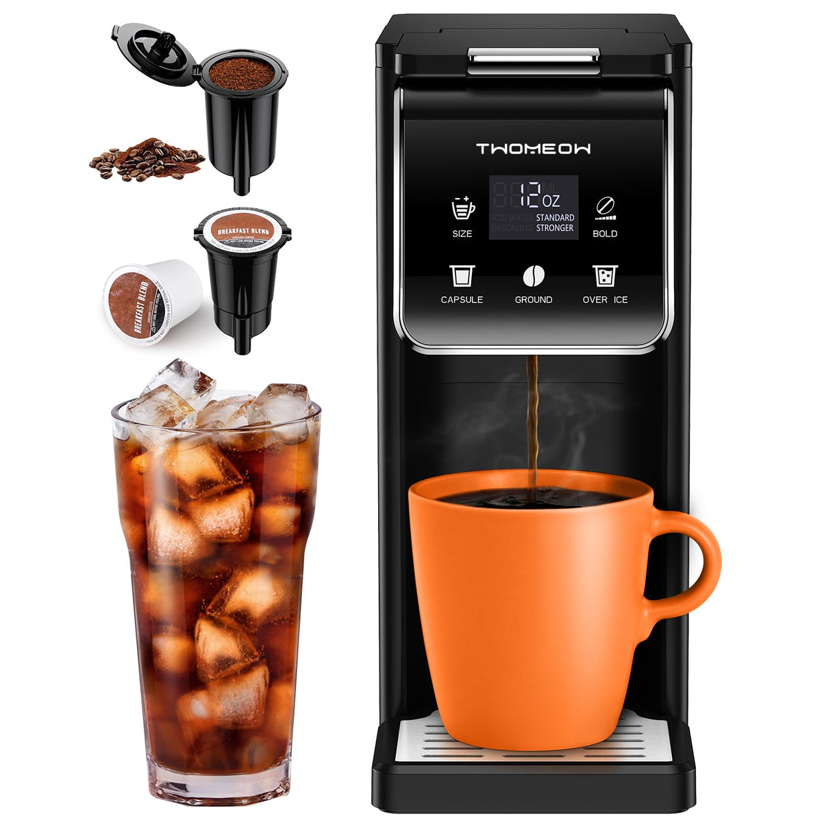 Coffee Maker Hot & Iced With Bold Setting,Single Serve Coffee Maker For K Cup And Grounds,52 Oz Removable Water Tank,6-14 Oz Brew Sizes,One Cup Kcup Coffee Machine With Reusable Filter,(Black)