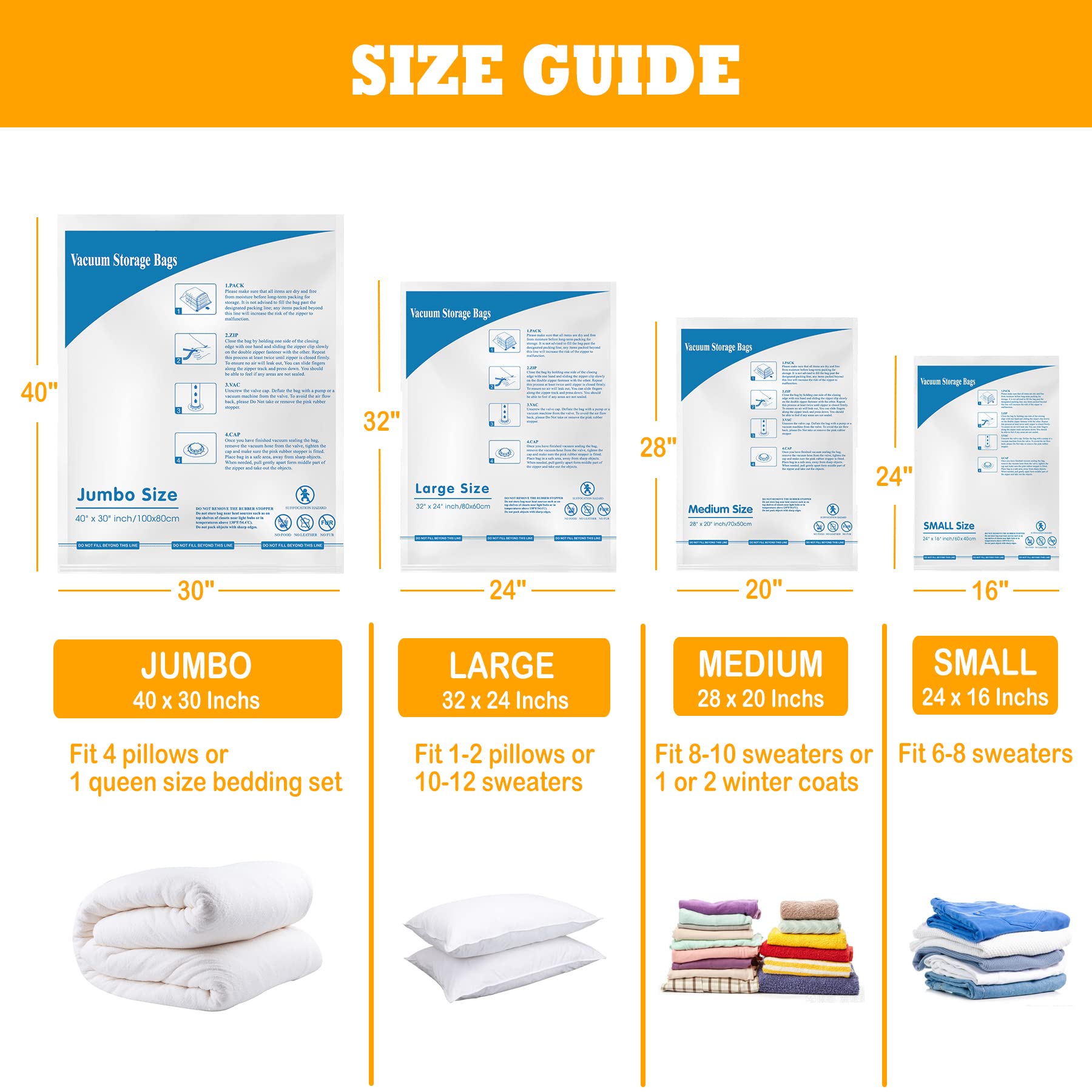 Vacuum Storage Bags, Small Space Saver Sealer Bags, Airtight Compression Bags for Clothes, Pillows, Comforters, Blankets, Beddings, Pack of 10