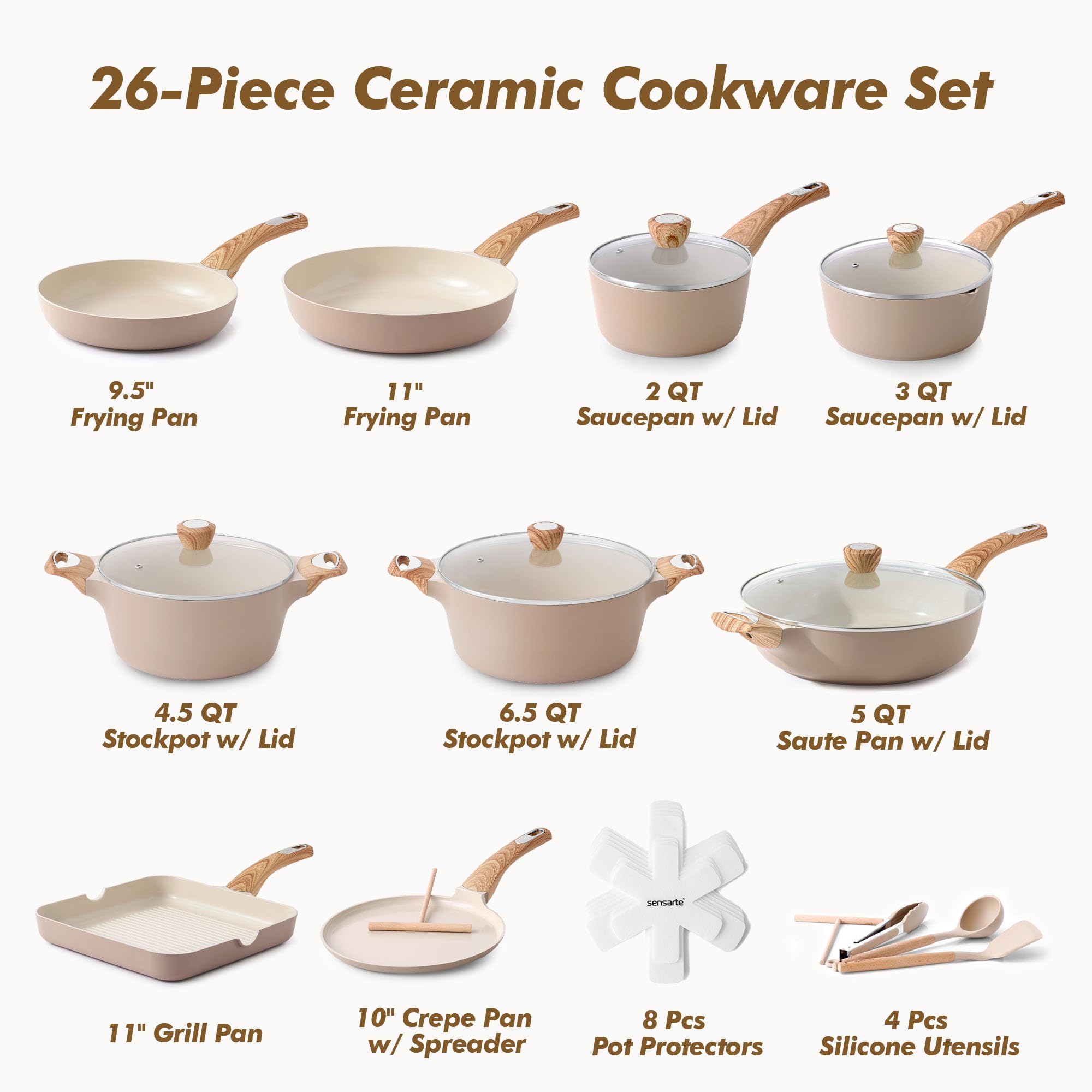 SENSARTE Ceramic Cookware Sets, Pots and Pans Set Non stick, Non toxic Healthy Induction Cookware, 26 Pcs Nonstick Kitchen Cooking Set, w/Frying Pans Set, Saucepans Set