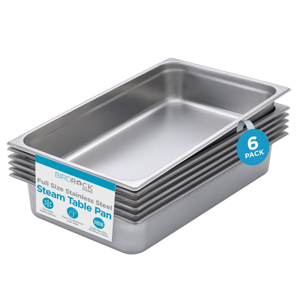 BIRDROCK HOME Stainless Steel Steam Table Pan - Hotel, Restaurant & Catering Supplies - 24 Gauge Steel, 14 qt Capacity - Meal Prep, Cooking, & Food Storage Container - 4" Depth, Full-Size (6 Pack)