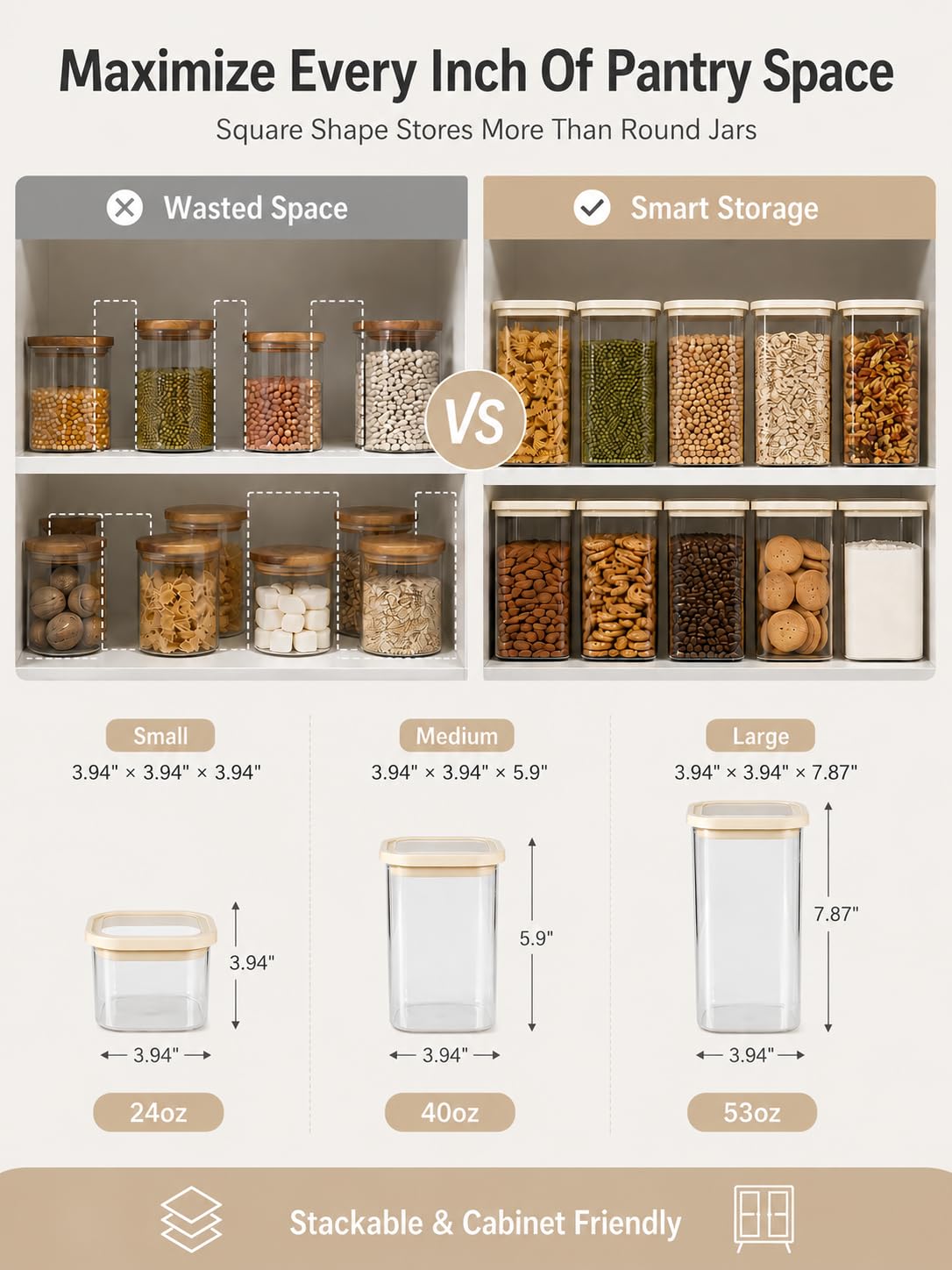 CozNido Square Glass Pantry Storage Containers with Glass Lids 4pcs 40fl.oz