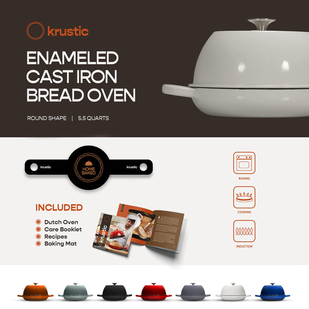 Krustic Enameled Cast Iron Dutch Oven for Sourdough Bread Baking | 6 Quart Round Pot with Lid | 10 Inch Ceramic Enamel Thick Coated Cookware Set with Non Stick Silicone Baking Mat for Cooking | 6 Qt | White