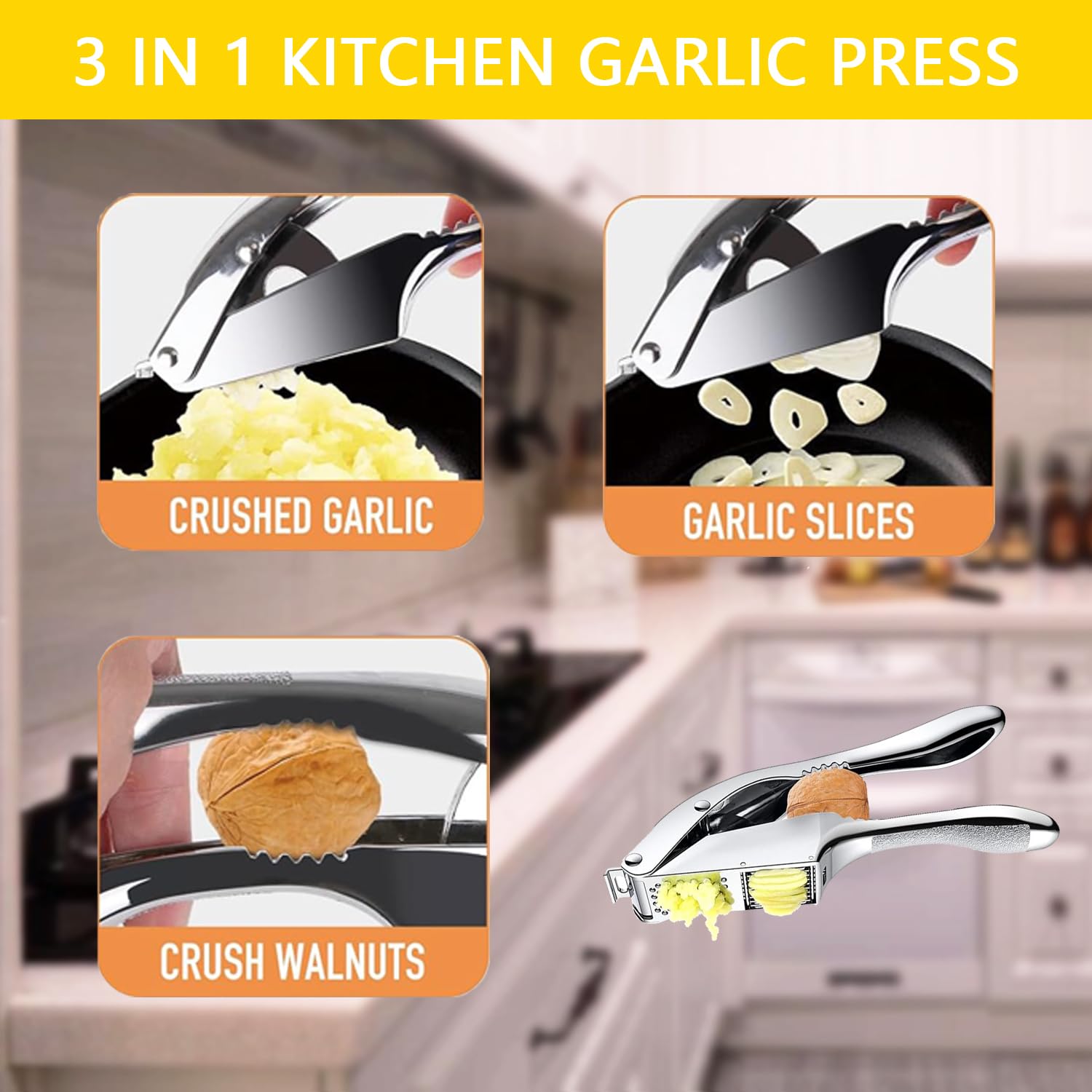 Garlic Press and Slicer 2 in 1, Rust Proof & Dishwasher Safe Professional Garlic Mincer Tool, Effortlessly Crush and Mince Garlic with this Ergonomic Handle-Garlic Slicer & Brush ANCQMI(Pear white)