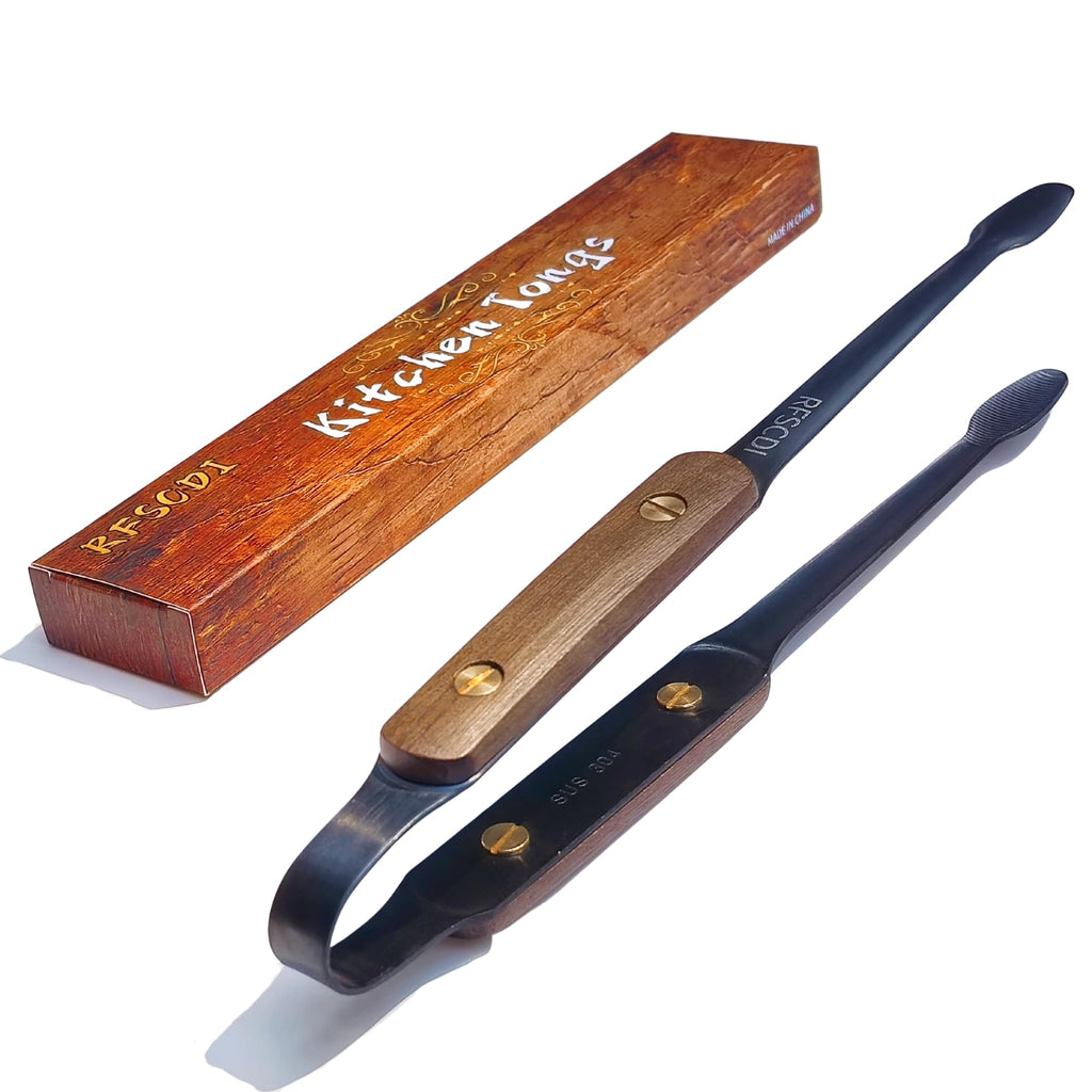 Exquisite Lightweight Cooking Tongs - 304 Stainless Steel & Walnut Wood, Comfortable Grip, Non-Slip Design, High Heat Resistant - Ideal for Light and small food, Kitchen Plating, Korean BBQ, 9-Inch