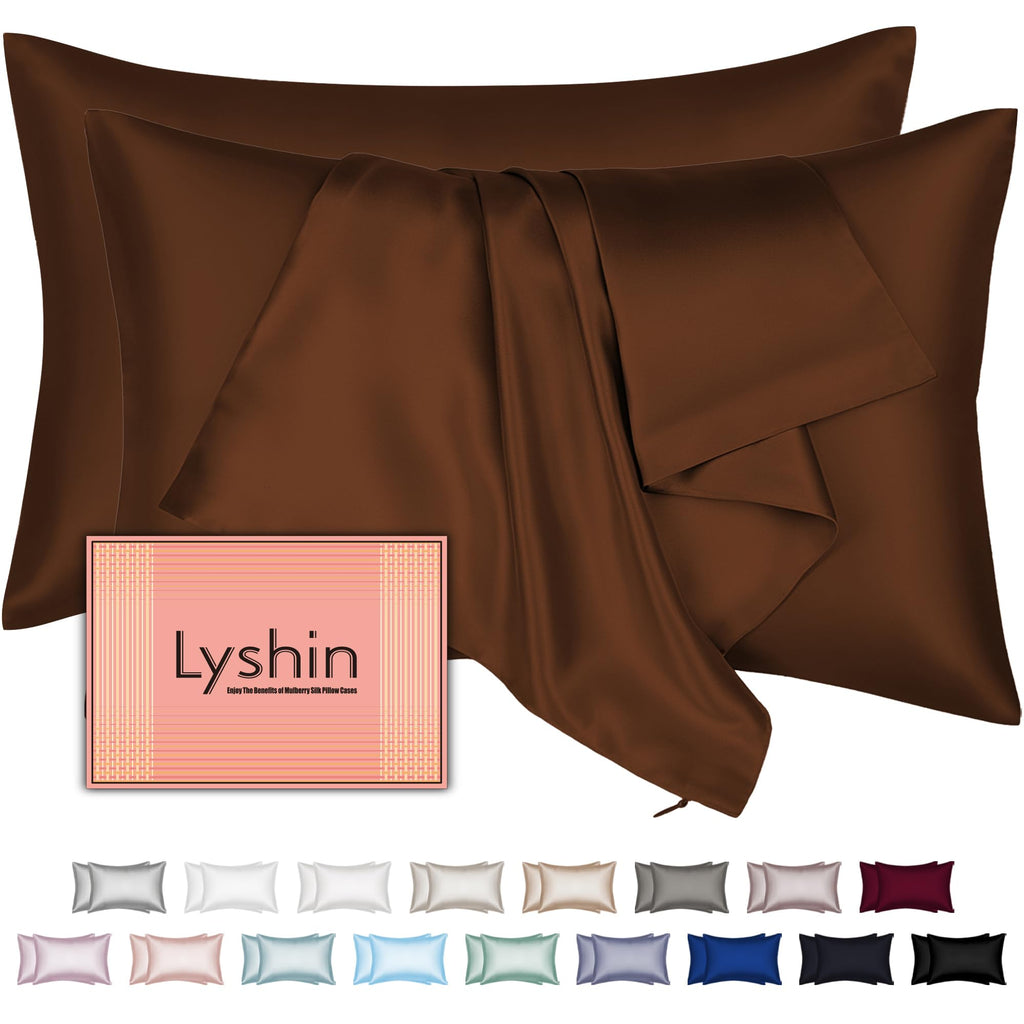 LYSHIN Silk Pillow Cases 2 Pack King Size with Zipper, Brown