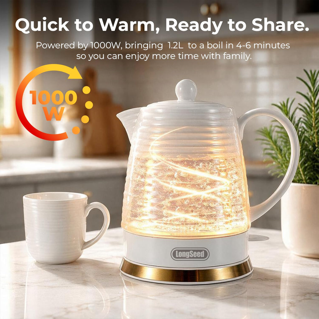 LONGSEED 1000W Ceramic Electric Kettle with 4 Mugs & Infuser, 1.2L Rapid Boil, Ideal Gift for Housewarming, Wedding, Tea Lovers, Auto Shut-Off, Boil-Dry Protection