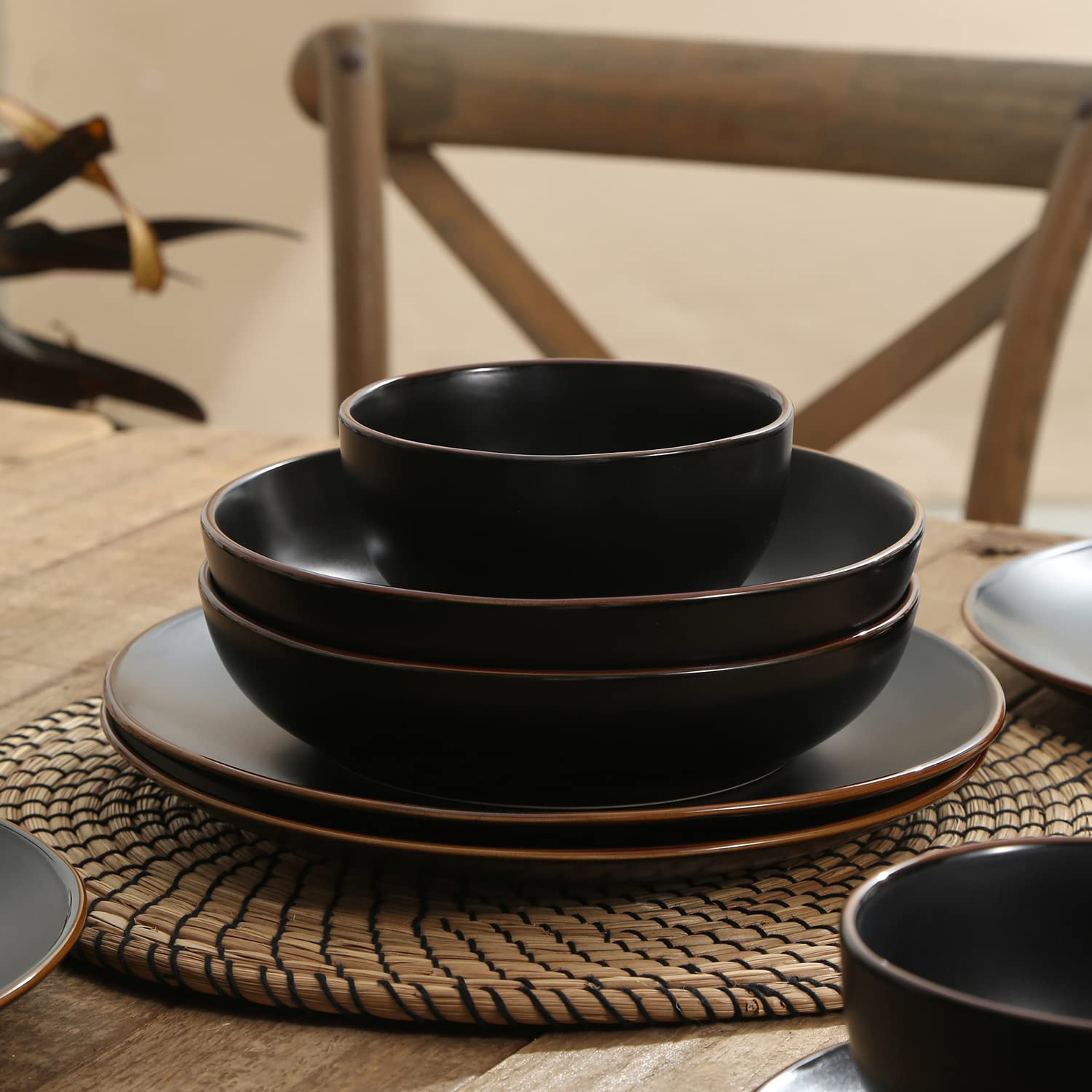 Stone Lain Brasa Stoneware 16 Piece Modern Dinnerware Set, Plates and Bowls, Service for 4, Black, Microwave & Dishwasher Safe